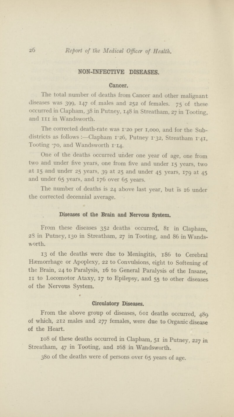 26 Report of the Medical Officer of Health. NON-INFECTIVE DISEASES. Cancer. The total number of deaths from Cancer and other malignant diseases was 399, 147 of males and 252 of females. 75 of these occurred in Clapham, 38 in Putney, 148 in Streatham, 27 in Tooting, and III in Wandsworth. The corrected death-rate was 1.20 per 1,000, and for the Sub districts as follows:—Clapham 1.26, Putney 1.32, Streatham 1.41, Tooting .70, and Wandsworth 1.14. One of the deaths occurred under one year of age, one from two and under five years, one from five and under 15 years, two at 15 and under 25 years, 39 at 25 and under 45 years, 179 at 45 and under 65 years, and 176 over 65 years. The number of deaths is 24 above last year, but is 16 under the corrected decennial average. Diseases of the Brain and Nervous System. From these diseases 352 deaths occurred, 8r in Clapham, 28 in Putney, 130 in Streatham, 27 in Tooting, and 86 in Wands worth. 13 of the deaths were due to Meningitis, 186 to Cerebral Haemorrhage or Apoplexy, 22 to Convulsions, eight to Softening of the Brain, 24 to Paralysis, 16 to General Paralysis of the Insane, 11 to Locomotor Ataxy, 17 to Epilepsy, and 55 to other diseases of the Nervous System. * Circulatory Diseases. From the above group of diseases, 601 deaths occurred, 489 of which, 212 males and 277 females, were due to Organic disease of the Heart. 108 of these deaths occurred in Clapham, 51 in Putney, 227 in Streatham, 47 in Tooting, and 168 in Wandsworth. 380 of the deaths were of persons over 65 years of age.