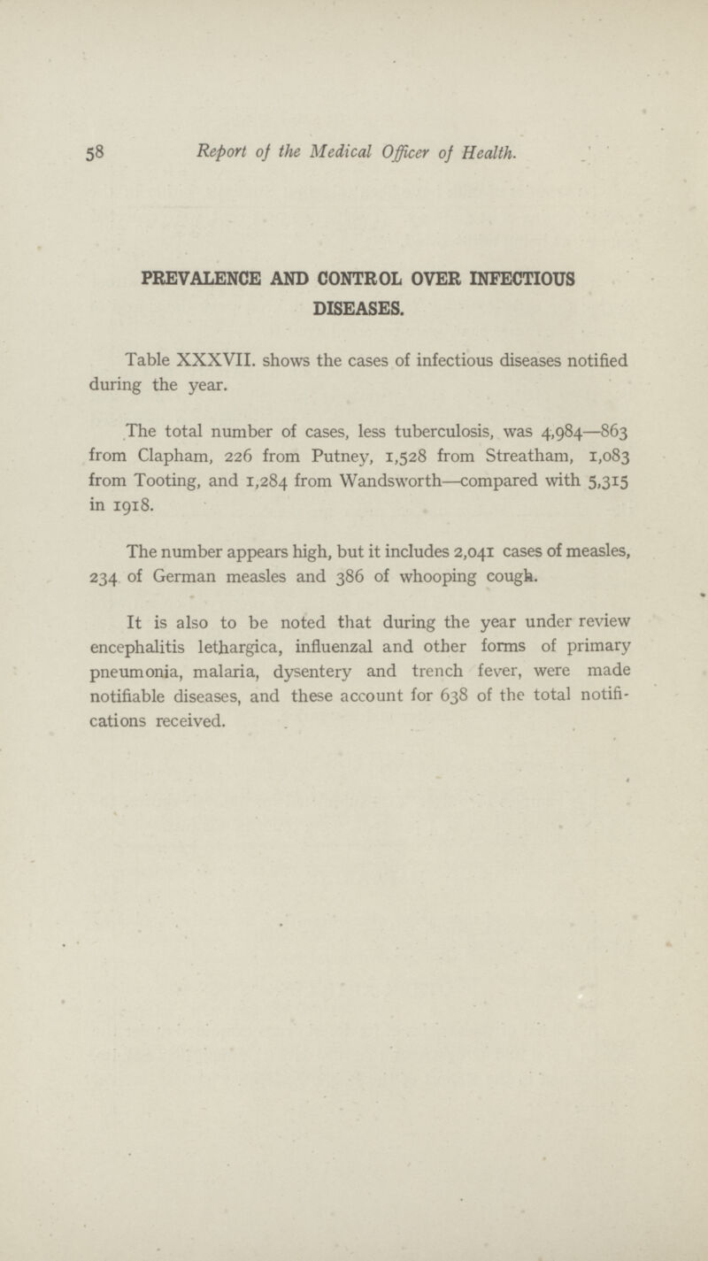 58 Report of the Medical Officer of Health. PREVALENCE AND CONTROL OVER INFECTIOUS DISEASES. Table XXXVII. shows the cases of infectious diseases notified during the year. The total number of cases, less tuberculosis, was 4,984—863 from Clapham, 226 from Putney, 1,528 from Streatham, 1,083 from Tooting, and 1,284 from Wandsworth—compared with 5,315 in 1918. The number appears high, but it includes 2,041 cases of measles, 234 of German measles and 386 of whooping cough. It is also to be noted that during the year under review encephalitis lethargica, influenzal and other forms of primary pneumonia, malaria, dysentery and trench fever, were made notifiable diseases, and these account for 638 of the total notifi cations received.