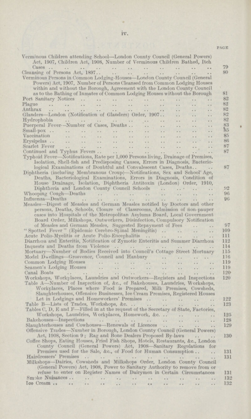 iv. page Verminous Children attending School—London County Council (General Powers) Act, 1907, Children Act, 1908, Number of Verminous Children Bathed, Itch Cases 79 Cleansing of Persons Act, 1897 80 Verminous Persons in Common Lodging-Houses—London County Council (General Powers) Act, 1907, Number of Persons Cleansed from Common Lodging Houses within and without the Borough, Agreement with the London County Council as to the Bathing of Inmates of Common Lodging Houses without the Borough 81 Port Sanitary Notices 82 Plague 82 Anthrax 82 Glanders—London (Notification of Glanders) Order, 1907 82 Hydrophobia 82 Puerperal Fever—Number of Cases, Deaths 83 Small-pox 85 Vaccination 85 Erysipelas 86 Scarlet Fever 87 Continued and Typhus Fevers 87 Typhoid Fever—Notifications, Rate per 1,000 Persons living, Drainage of Premises, Isolation, Shell-fish and Predisposing Causes, Errors in Diagnosis, Bacterio logical Examinations of Doubtful and Convalescent Cases, Deaths 87 Diphtheria (including Membranous Croup)—Notifications, Sex and School Age, Deaths, Bacteriological Examinations, Errors in Diagnosis, Condition of House Drainage, Isolation, Diphtheria Antitoxin (London) Order, 1910, Diphtheria and London County Council Schools 92 Whooping Cough—Deaths 96 Influenza—Deaths 90 Measles—Digest of Measles and German Measles notified by Doctors and other persons, Deaths, Schools, Closure of Classrooms, Admission of non-pauper cases into Hospitals of the Metropolitan Asylums Board, Local Government Board Order, Milkshops, Outworkers, Disinfection, Compulsory Notification of Measles and German Measles, Suggested Repayment of Fees 97 Spotted Fever (Epidemic Cerebro-Spinal Meningitis) 109 Acute Polio-Myelitis or Acute Polio-Encephalitis 111 Diarrhœa and Enteritis, Notification of Zymotic Enteritis and Summer Diarrhœa 112 Inquests and Deaths from Violence 114 Mortuary—Number of Bodies Received into Council's Cottage Street Mortuary 115 Model Dwellings—Grosvenor, Council and Hanbury 116 Common Lodging Houses 119 Seamen's Lodging Houses 119 Canal Boats 120 Workshops, Workplaces, Laundries and Outworkers—Registers and Inspections 120 Table A—Number of Inspection of, &c., of Bakehouses, Laundries, 'Workshops, Workplaces, Places where Food is Prepared, Milk Premises, Cowsheds, Slaughterhouses, Offensive Businesses, Ice Cream Premises, Registered Houses Let in Lodgings and Homeworkers' Premises 122 Table B—Lists of Trades, Workshops, &c 123 Tables C, D, E and F—Filled in at the request of the Secretary of State, Factories, Workshops, Laundries, Workplaces, Homework, &c. 125 Bakehouses—Inspections 128 Slaughterhouses and Cowhouses—Renewals of Licences 129 Offensive Trades—Number in Borough, London County Council (General Powers) Act, 1908, Section 9; Rag and Bone Dealers Proposed By-laws 130 Coffee Shops, Eating Houses, Fried Fish Shops, Hotels, Restaurants, &c., London County Council (General Powers) Act, 1908—Sanitary Regulations for Premises used for the Sale, &c., of Food for Human Consumption 131 Hairdressers' Premises 131 Milkshops—Dairies, Cowsheds and Milkshops Order, London County Council (General Powers) Act, 1908, Power to Sanitary Authority to remove from or refuse to enter on Register Names of Dairymen in Certain Circumstances 131 Smoke Nuisances 132 Ice Cream 132