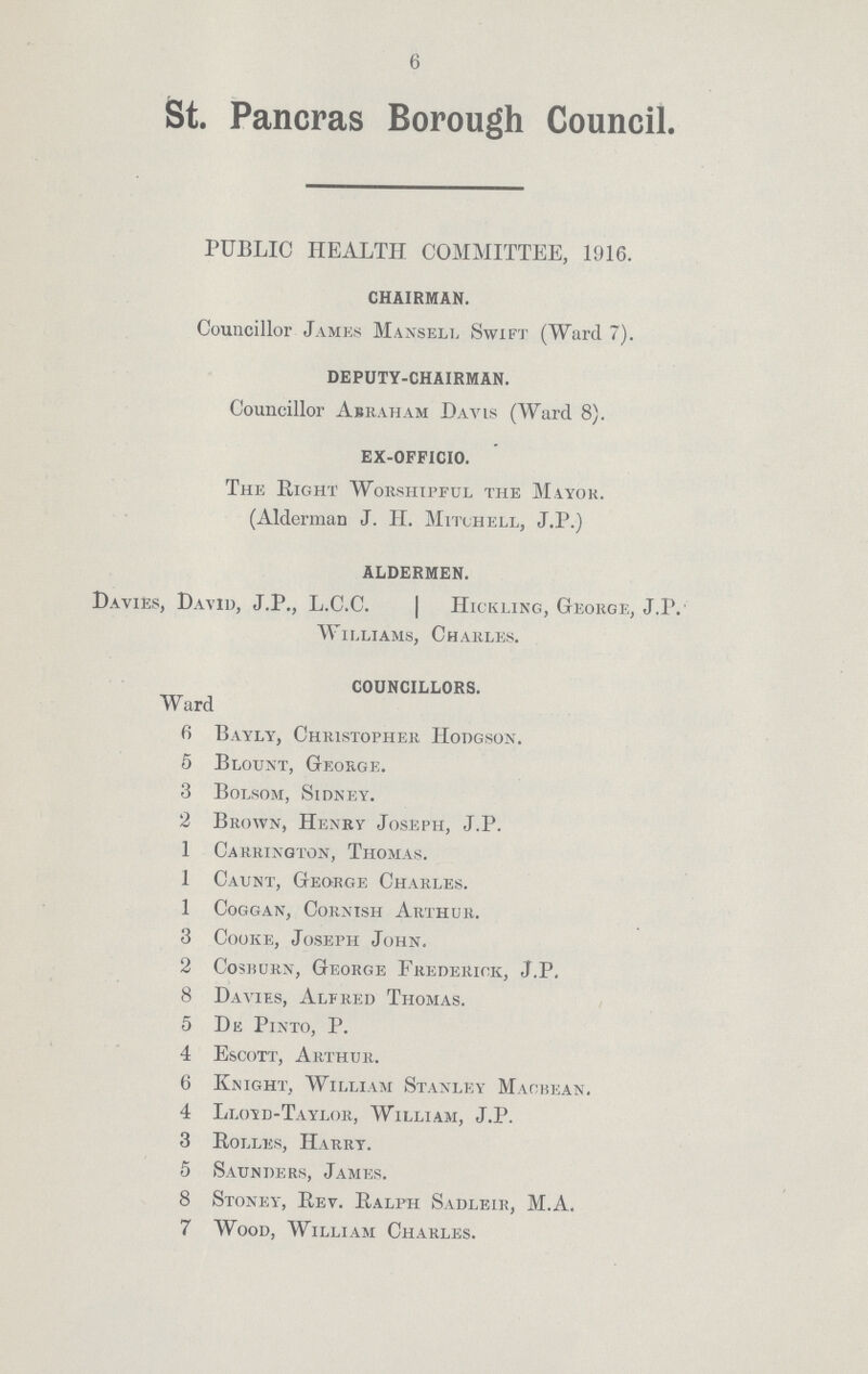6 St. Pancras Borough Council. PUBLIC HEALTH COMMITTEE, 1916. CHAIRMAN. Councillor James Mansell Swift (Ward 7). DEPUTY-CHAIRMAN. Councillor Abraham Davis (Ward 8). EX-OFFICIO.. The Right Worshipful the Mayor. (Alderman J. H. Mitchell, J.P.) ALDERMEN. Davies, David, J.P., L.C.C. Hickling, George, J.P. Williams, Charles. COUNCILLORS. Ward 6 Bayly, Christopher Hodgson. 5 Blount, George. 3 Bolsom, Sidney. 2 Brown, Henry Joseph, J.P. 1 Carrington, Thomas. 1 Caunt, George Charles. 1 Coggan, Cornish Arthur. 3 Cooke, Joseph John. 2 Cosburn, George Frederick, J.P. 8 Davies, Alfred Thomas. 5 De Pinto, P. 4 Escott, Arthur. 6 Knight, William Stanley Macbean. 4 Lloyd-Taylor, William, J.P. 3 Rolles, Harry. 5 Saunders, James. 8 Stoney, Rev. Ralph Sadleir, M.A. 7 Wood, William Charles.