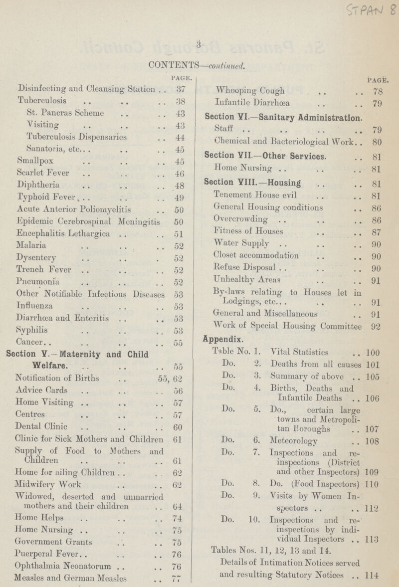 3 CONTENTS—continued. page. Disinfecting and Cleansing Station 37 Tuberculosis 38 St. Pancras Scheme 43 Visiting 43 Tuberculosis Dispensaries 44 Sanatoria, etc 45 Smallpox 45 Scarlet Fever 46 Diphtheria 48 Typhoid Fever 49 Acute Anterior Poliomyelitis 50 Epidemic Cerebrospinal Meningitis 50 Encephalitis Lethargica 51 Malaria 52 Dysentery 52 Trench Fever 52 Pneumonia 52 Other Notifiable Infectious Diseases 53 Influenza 53 Diarrhoea and Enteritis 53 Syphilis 53 Cancer 55 Section Y.— Maternity and Child Welfare 55 Notification of Births 55, 62 Advice Cards 56 Home Visiting 57 Centres 57 Dental Clinic 60 Clinic for Sick Mothers and Children 61 Supply of Food to Mothers and Children 61 Home for ailing Children 62 Midwifery Work 62 Widowed, deserted and unmarried mothers and their children 64 Home Helps 74 Home Nursing 75 Government Grants 75 Puerperal Fever 76 Ophthalmia Neonatorum 76 Measles and German Measles 77 page. Whooping Cough 78 Infantile Diarrhoea 79 Section YI.—Sanitary Administration. Staff 79 Chemical and Bacteriological Work 80 Section YI1—Other Services. 81 Home Nursing 81 Section YIII.—Housing 81 Tenement House evil 81 General Housing conditions 86 Overcrowding 86 Fitness of Houses 87 Water Supply 90 Closet accommodation 90 Refuse Disposal 90 Unhealthy Areas 91 By-laws relating to Houses let in Lodgings, etc 91 General and Miscellaneous 91 Work of Special Housing Committee 92 Appendix. Table No. 1. Vital Statistics 100 Do. 2. Deaths from all causes 101 Do. 3. Summary of above 105 Do. 4. Births, Deaths and Infantile Deaths 106 Do. 5. Do., certain large towns and Metropoli tan Boroughs 107 Do. 6. Meteorology 108 Do. 7. Inspections and re inspections (District and other Inspectors) 109 Do. 8. Do. (Food Inspectors) 110 Do. 9. Visits by Women In spectors 112 Do. 10. Inspections and re inspections by indi vidual Inspectors 113 Tables Nos. 11, 12, 13 and 14. Details of Intimation Notices served and resulting Statutory Notices 114