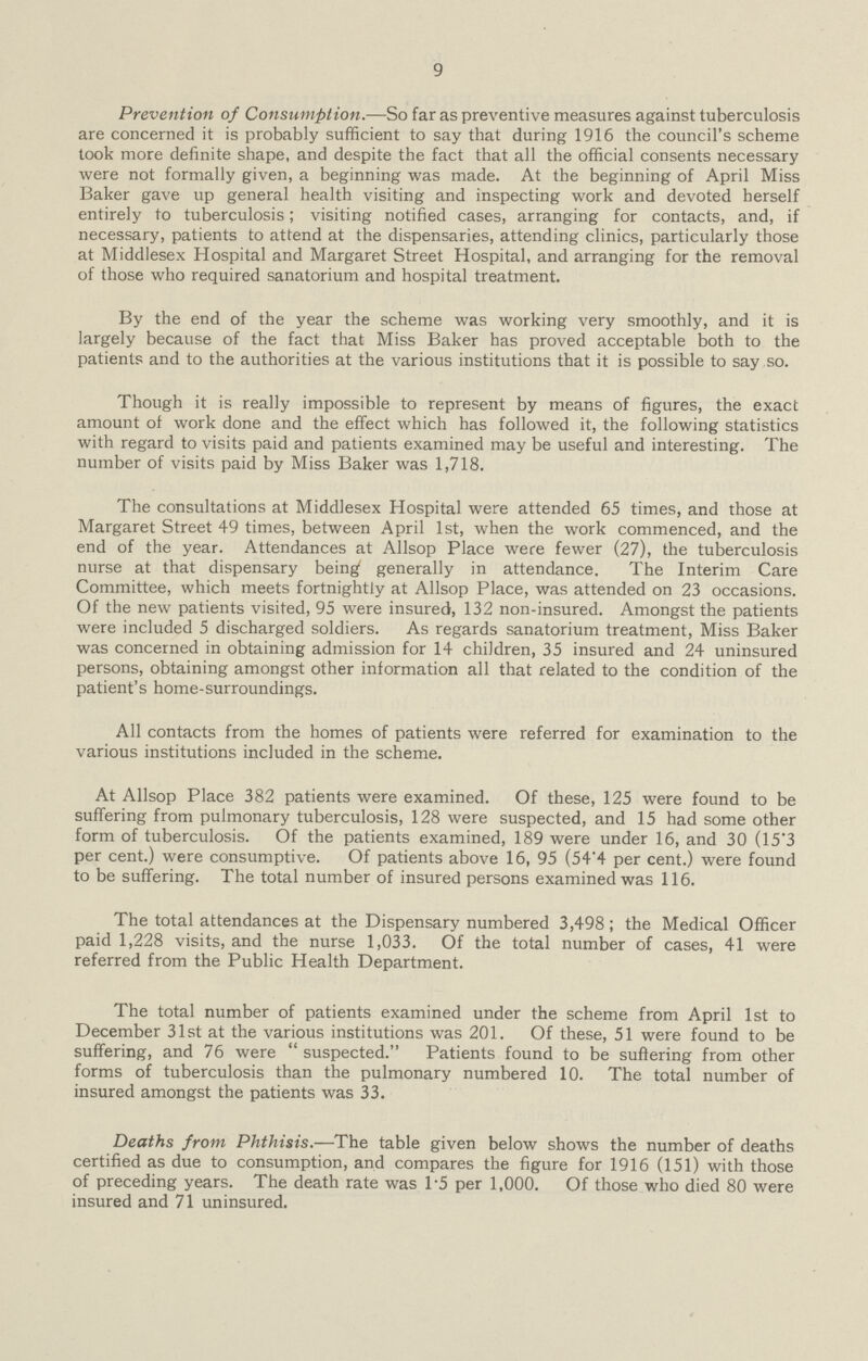 9 Prevention of Consumption.—So far as preventive measures against tuberculosis are concerned it is probably sufficient to say that during 1916 the council's scheme took more definite shape, and despite the fact that all the official consents necessary were not formally given, a beginning was made. At the beginning of April Miss Baker gave up general health visiting and inspecting work and devoted herself entirely to tuberculosis; visiting notified cases, arranging for contacts, and, if necessary, patients to attend at the dispensaries, attending clinics, particularly those at Middlesex Hospital and Margaret Street Hospital, and arranging for the removal of those who required sanatorium and hospital treatment. By the end of the year the scheme was working very smoothly, and it is largely because of the fact that Miss Baker has proved acceptable both to the patients and to the authorities at the various institutions that it is possible to say so. Though it is really impossible to represent by means of figures, the exact amount of work done and the effect which has followed it, the following statistics with regard to visits paid and patients examined may be useful and interesting. The number of visits paid by Miss Baker was 1,718. The consultations at Middlesex Hospital were attended 65 times, and those at Margaret Street 49 times, between April 1st, when the work commenced, and the end of the year. Attendances at Allsop Place were fewer (27), the tuberculosis nurse at that dispensary being generally in attendance. The Interim Care Committee, which meets fortnightly at Allsop Place, was attended on 23 occasions. Of the new patients visited, 95 were insured, 132 non-insured. Amongst the patients were included 5 discharged soldiers. As regards sanatorium treatment, Miss Baker was concerned in obtaining admission for 14 children, 35 insured and 24 uninsured persons, obtaining amongst other information all that related to the condition of the patient's home-surroundings. All contacts from the homes of patients were referred for examination to the various institutions included in the scheme. At Allsop Place 382 patients were examined. Of these, 125 were found to be suffering from pulmonary tuberculosis, 128 were suspected, and 15 had some other form of tuberculosis. Of the patients examined, 189 were under 16, and 30 (15.3 per cent.) were consumptive. Of patients above 16, 95 (54.4 per cent.) were found to be suffering. The total number of insured persons examined was 116. The total attendances at the Dispensary numbered 3,498; the Medical Officer paid 1,228 visits, and the nurse 1,033. Of the total number of cases, 41 were referred from the Public Health Department. The total number of patients examined under the scheme from April 1st to December 31st at the various institutions was 201. Of these, 51 were found to be suffering, and 76 were suspected. Patients found to be suffering from other forms of tuberculosis than the pulmonary numbered 10. The total number of insured amongst the patients was 33. Deaths from Phthisis.—The table given below shows the number of deaths certified as due to consumption, and compares the figure for 1916 (151) with those of preceding years. The death rate was 1.5 per 1,000. Of those who died 80 were insured and 71 uninsured.