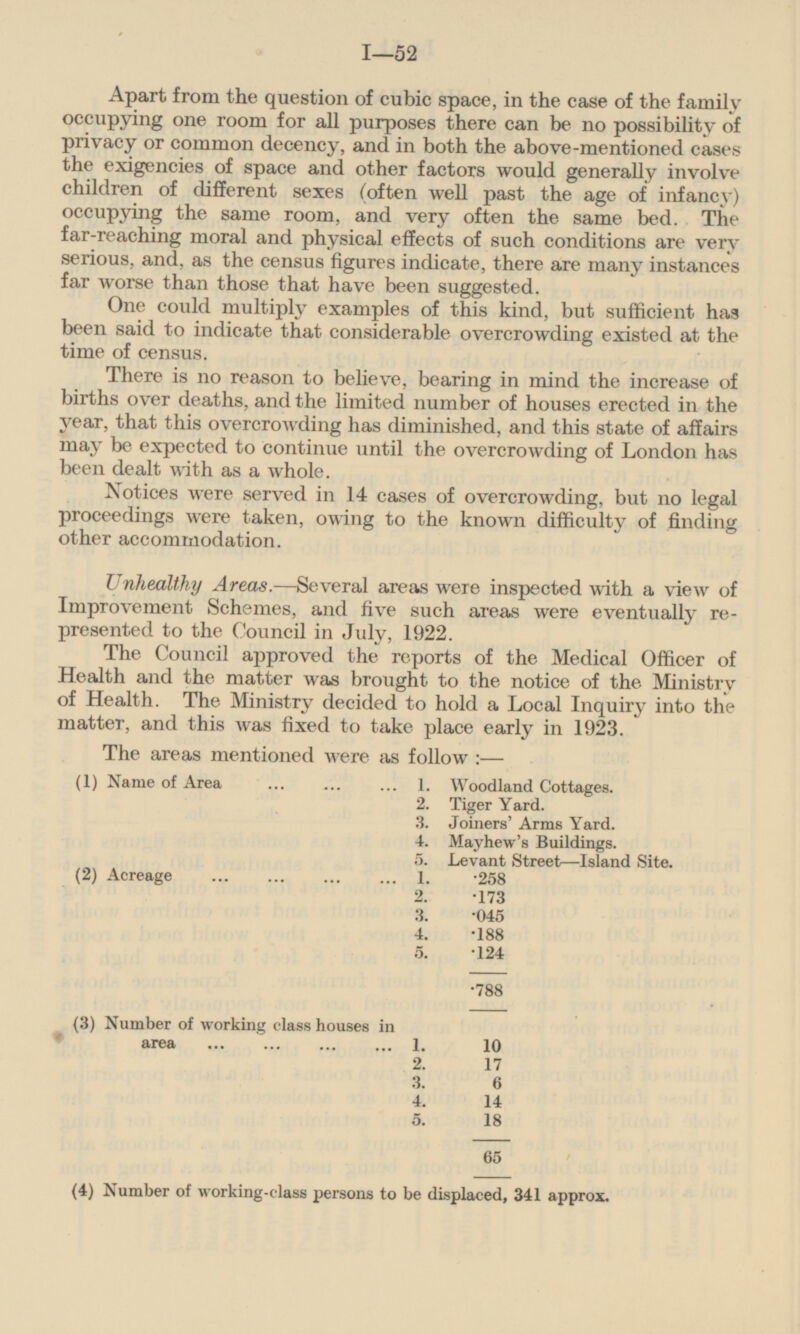 Apart from the question of cubic space, in the case of the family occupying one room for all purposes there can be no possibility of privacy or commondecency, and in both the above-mentioned cases the exigencies of space and other factors would generally involve children of different sexes (often well past the age of infancy) occupying the same room, and very often the same bed. The far-reaching moral and physical effects of such conditions are very serious, and, as the census figures indicate, there are many instances far worse than those that have been suggested. One could multiply examples of this kind, but sufficient has been said to indicate that considerable overcrowding existed at the time of census. There is no reason to believe, bearing in mind the increase of births over deaths, and the limited number of houses erected in the year, that this overcrowding has diminished, and this state of affairs may be expected to continue until the overcrowding of London has been dealt with as a whole. Notices were served in 14 cases of overcrowding, but no legal proceedings were taken, owing to the known difficulty of finding other accommodation. Unhealthy Areas.— Several areas were inspected with a view of Improvement Schemes, and five such areas were eventually represented to the Council in July, 1922. The Council approved the reports of the Medical Officer of Health and the matter was brought to the notice of the Ministry of Health. The Ministry decided to hold a Local Inquiry into the matter, and this was fixed to take place early in 1923. The areas mentioned were as follow:— (1) Name of Area 1. Woodland Cottages. 2. Tiger Yard. 3. Joiners' Arms Yard. 4. Mayhew's Buildings. 5. Levant Street— Island Site. (2) Acreage 1. .258 2. .173 3. .045 4. .188 5. .124 .788 (3) Number of working class houses in area 1. 10 2. 17 3. 6 4. 14 5. 18 65 (4) Number of working-class persons to be displaced, 341 approx.