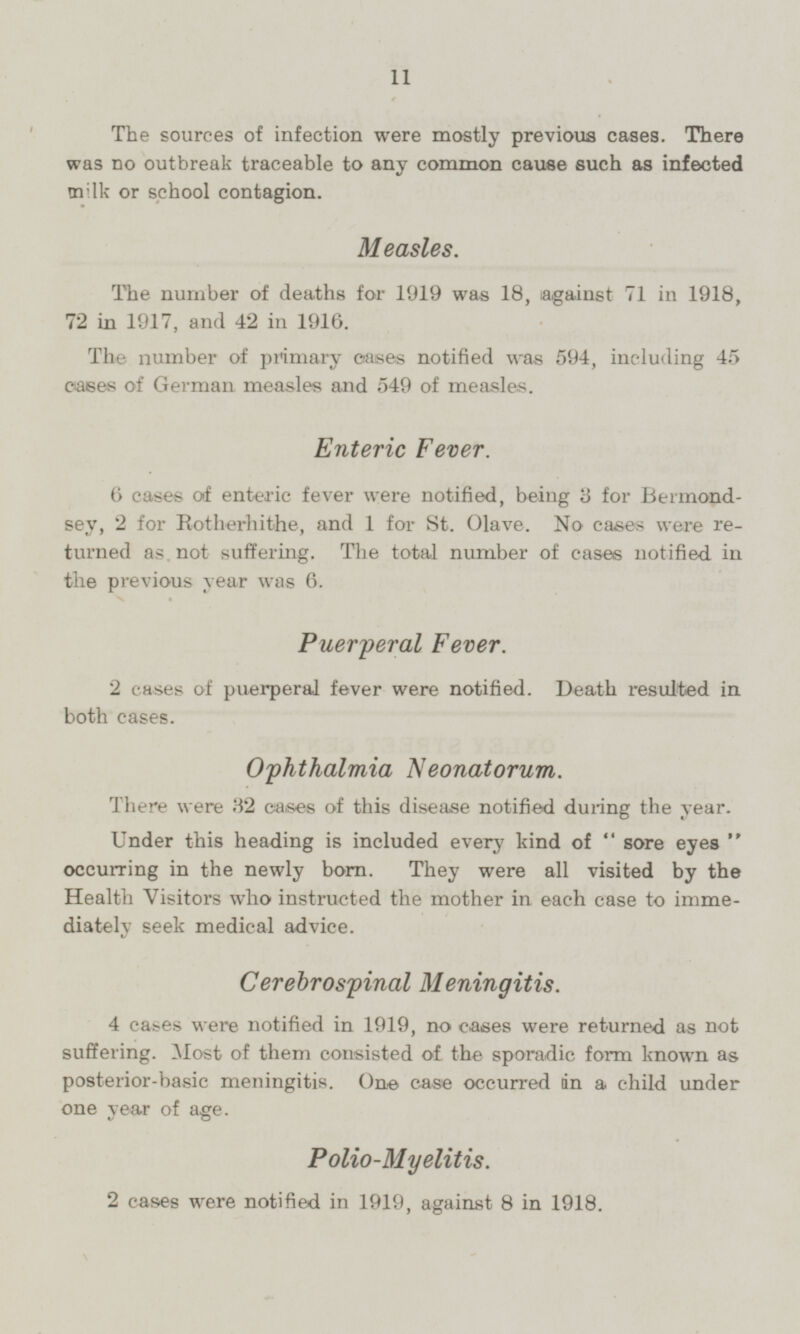 The sources of infection were mostly previous cases. There was no outbreak traceable to any common cause such as infected milk or school contagion. Measles. The number of deaths for 1919 was 18, against 71 in 1918, 72 in 1917, and 42 in 1916. The number of primary cases notified was 594, including 45 cases of German measles and 549 of measles. Enteric Fever. 6 cases of enteric fever were notified, being 3 for Bermondsey, 2 for Rotherhithe, and 1 for St. Olave. No cases were returned as not suffering. The total number of cases notified in the previous year was 6. Puerperal Fever. 2 cases of puerperal fever were notified. Death resulted in both cases. Ophthalmia Neonatorum. There were 32 cases of this disease notified during the year. Under this heading is included every kind of sore eyes occurring in the newly born. They were all visited by the Health Visitors who instructed the mother in each case to immediately seek medical advice. Cerebrospinal Meningitis. 4 cases were notified in 1919, no cases were returned as not suffering. Most of them consisted of the sporadic form known as posterior-basic meningitis. One case occurred in a child under one year of age. Polio-Myelitis. 2 cases were notified in 1919, against 8 in 1918.