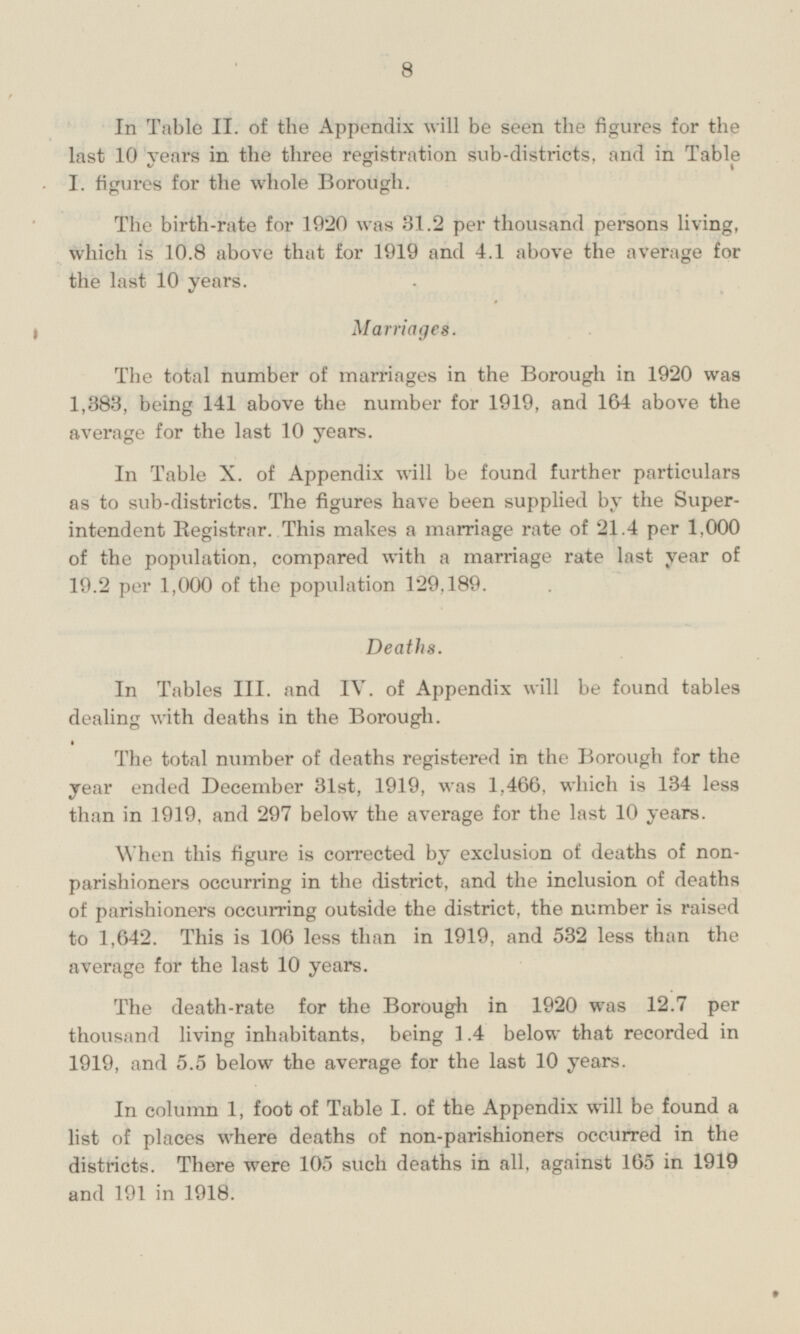 In Table 11. of the Appendix will be seen the figures for the last 10 Years in the three registration sub-districts, and in Table I. figures for the whole Borough. The birth-rate for 1920 was 81.2 per thousand persons living, which is 10.8 above that for 1919 and 4.1 above the average for the last 10 years. Marriages. The total number of marriages in the Borough in 1920 was 1,383, being 141 above the number for 1919, and 164 above the average for the last 10 years. In Table X. of Appendix will be found further particulars as to sub-districts. The figures have been supplied by the Superintendent Registrar. This makes a marriage rate of 21.4 per 1,000 of the population, compared with a marriage rate last year of 19.2 per 1,000 of the population 129.189. Deaths. In Tables 111. and IV. of Appendix will be found tables dealing with deaths in the Borough. The total number of deaths registered in the Borough for the year ended December 31st, 1919, was 1,466, which is 134 less than in 1919, and 297 below the average for the last 10 years. When this figure is corrected by exclusion of deaths of nonparishioners occurring in the district, and the inclusion of deaths of parishioners occurring outside the district, the number is raised to 1,642. This is 106 less than in 1919, and 532 less than the average for the last 10 years. The death-rate for the Borough in 1920 was 12.7 per thousand living inhabitants, being 1.4 below that recorded in 1919, and 5.5 below the average for the last 10 years. In column 1, foot of Table I. of the Appendix will be found a list of places where deaths of non-parishioners occurred in the districts. There were 105 such deaths in all, against 165 in 1919 and 191 in 1918.