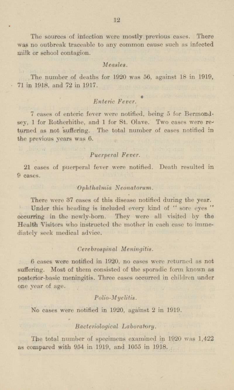 The sources of infection were mostly previous cases. There was no outbreak traceable to any common cause such as infected milk or school contagion. Measles. The number of deaths for 1920 was 56, against 18 in 1919, 71 in 1918, and 72 in 1917. Enteric Fever. 7 cases of enteric fever were notified, being 5 for Bermondsey, 1 for Rotherhithe, and 1 for St. Olave. Two cases were returned as not suffering. The total number of cases notified in the previous years was 6. Puerperal Fever. 21 cases of puerperal fever were notified. Death resulted in 9 cases. Ophthalmia Neonatorum. There were 37 cases of this disease notified during the year. Under this heading is included every kind of  sore eyes  occurring in the newly-born. They were all visited by the Health Visitors who instructed the mother in each case to imme-diately seek medical advice. Cerebrospinal Meningitis. 6 cases were notified in 1920, no cases were returned as not suffering. Most of them consisted of the sporadic form known as posterior-basic meningitis. Three cases occurred in children under one year of age. Polio-Myelitis. No cases were notified in 1920, against 2 in 1919. Bacteriological Laboratory. The total number of specimens examined in 1920 was 1,422 as compared with 954 in 1919, and 1055 in 1918.