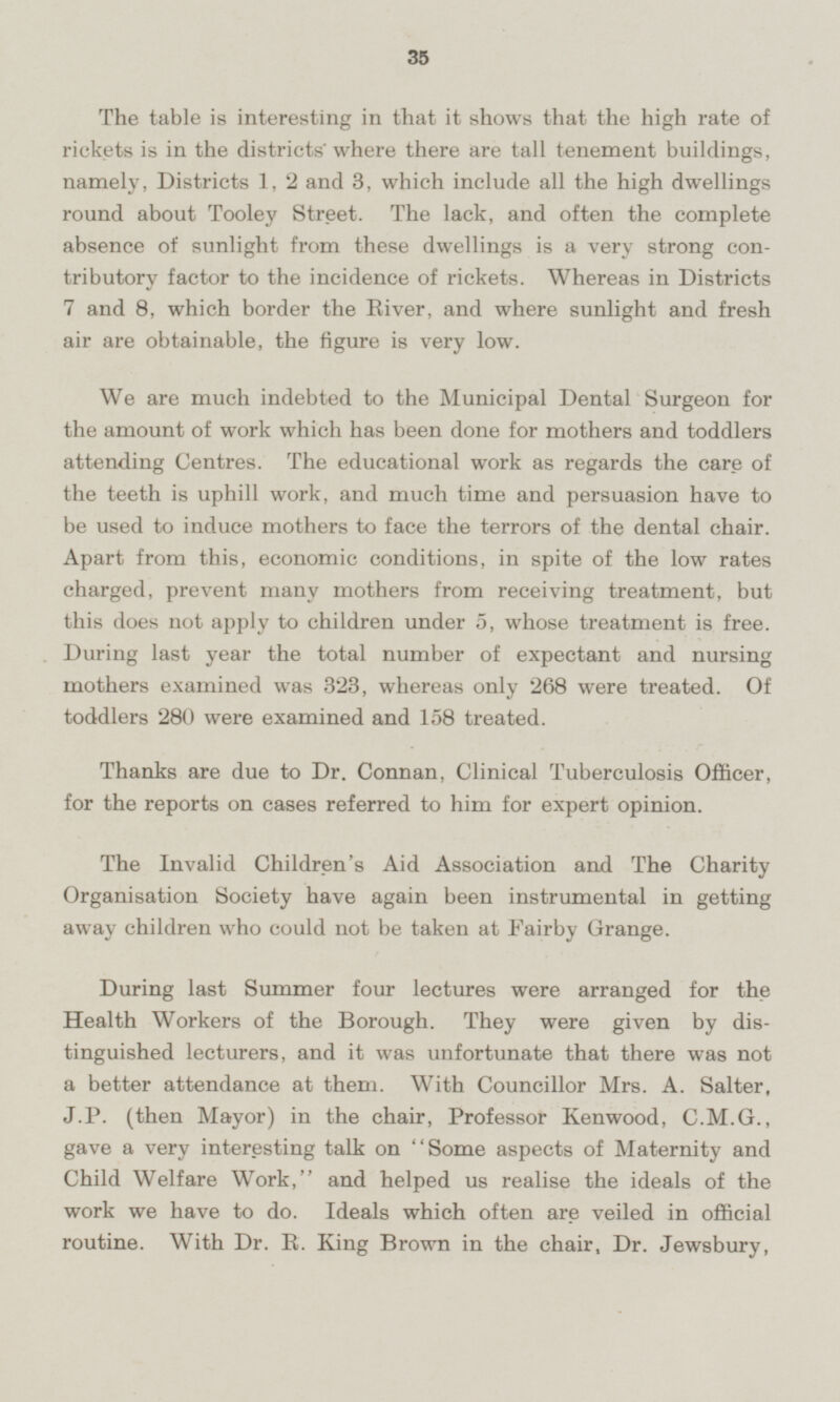 The table is interesting in that it shows that the high rate of rickets is in the districts where there are tall tenement buildings, namely, Districts 1, 2 and 3, which include all the high dwellings round about Tooley Street. The lack, and often the complete absence of sunlight from these dwellings is a very strong contributory factor to the incidence of rickets. Whereas in Districts 7 and 8, which border the River, and where sunlight and fresh air are obtainable, the figure is very low. We are much indebted to the Municipal Dental Surgeon for the amount of work which has been done for mothers and toddlers attending Centres. The educational work as regards the care of the teeth is uphill work, and much time and persuasion have to be used to induce mothers to face the terrors of the dental chair. Apart from this, economic conditions, in spite of the low rates charged, prevent many mothers from receiving treatment, but this does not apply to children under 5, whose treatment is free. During last year the total number of expectant and nursing mothers examined was 323, whereas only 268 were treated. Of toddlers 280 were examined and 158 treated. Thanks are due to Dr. Connan, Clinical Tuberculosis Officer, for the reports on cases referred to him for expert opinion. The Invalid Children's Aid Association and The Charity Organisation Society have again been instrumental in getting away children who could not be taken at Fairby Grange. During last Summer four lectures were arranged for the Health Workers of the Borough. They were given by distinguished lecturers, and it was unfortunate that there was not a better attendance at them. With Councillor Mrs. A. Salter, J.P. (then Mayor) in the chair, Professor Kenwood, C.M.G., gave a very interesting talk on Some aspects of Maternity and Child Welfare Work, and helped us realise the ideals of the work we have to do. Ideals which often are veiled in official routine. With Dr. R. King Brown in the chair, Dr. Jewsbury,