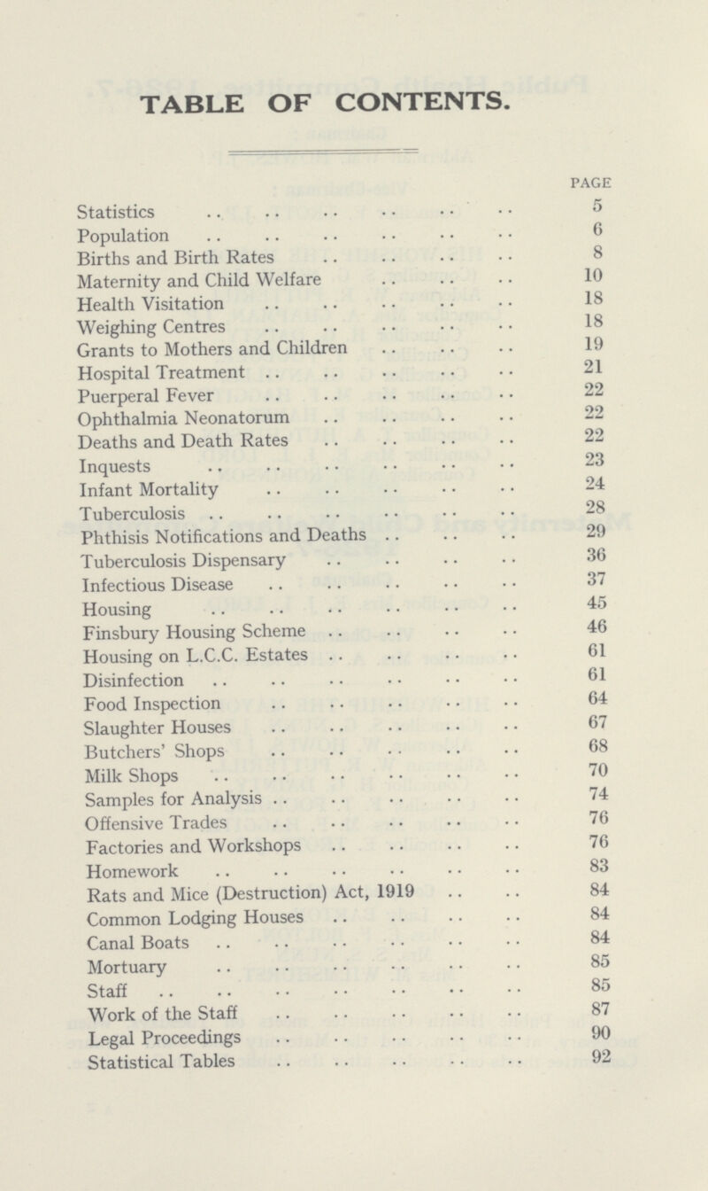 TABLE OF CONTENTS. PAGE Statistics 5 Population 6 Births and Birth Rates 8 Maternity and Child Welfare 10 Health Visitation 18 Weighing Centres 18 Grants to Mothers and Children 19 Hospital Treatment 21 Puerperal Fever 22 Ophthalmia Neonatorum 22 Deaths and Death Rates 22 Inquests 23 Infant Mortality 24 Tuberculosis 28 Phthisis Notifications and Deaths 29 Tuberculosis Dispensary 36 Infectious Disease 37 Housing 45 Finsbury Housing Scheme 46 Housing on L.C.C. Estates 61 Disinfection 61 Food Inspection 64 Slaughter Houses 67 Butchers' Shops 68 Milk Shops 70 Samples for Analysis 74 Offensive Trades 76 Factories and Workshops 76 Homework 83 Rats and Mice (Destruction) Act, 1919 84 Common Lodging Houses 84 Canal Boats 84 Mortuary 85 Staff 85 Work of the Staff 87 Legal Proceedings 90 Statistical Tables 92