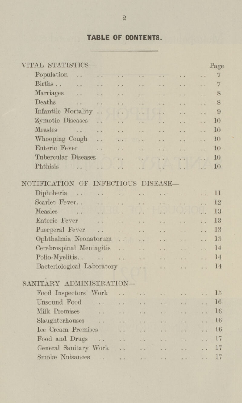 TABLE OF CONTENTS. VITAL STATISTICS— Page Population 7 Births 7 Marriages 8 Deaths 8 Infantile Mortality 9 Zymotic Diseases 10 Measles 10 Whooping Cough 10 Enteric Fever 10 Tubercular Diseases 10 Phthisis 10 NOTIFICATION OF INFECTIOUS DISEASE— Diphtheria 11 Scarlet Fever 12 Measles 13 Enteric Fever 13 Puerperal Fever 13 Ophthalmia Neonatorum 13 Cerebrospinal Meningitis 14 Polio-Myelitis 14 Bacteriological Laboratory 14 SANITARY ADMINISTRATION— Food Inspectors' Work 15 Unsound Food 16 Milk Premises 16 Slaughterhouses 16 Ice Cream Premises 16 Food and Drugs 17 General Sanitary Work 17 Smoke Nuisances 17