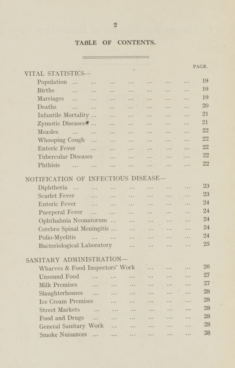 TABLE OF CONTENTS. PAGE. VITAL STATISTICS— Population 19 Births Marriages 19 Deaths 20 Infantile Mortality 21 Zymotic Diseases 21 Measles 22 Whooping Cough 22 Enteric Fever 22 Tubercular Diseases 22 Phthisis 22 NOTIFICATION OF INFECTIOUS DISEASE- Diphtheria 23 Scarlet Fever 23 Enteric Fever 24 Puerperal Fever 24 Ophthalmia Neonatorum 24 Cerebro Spinal Meningitis 24 Polio-Myelitis 24 Bacteriological Laboratory 25 SANITARY ADMINISTRATION— Wharves & Food Inspectors' Work 26 Unsound Food 27 Milk Premises 27 Slaughterhouses 28 Ice Cream Premises 28 Street Markets 28 Food and Drugs 28 General Sanitary Work 28 Smoke Nuisances 28