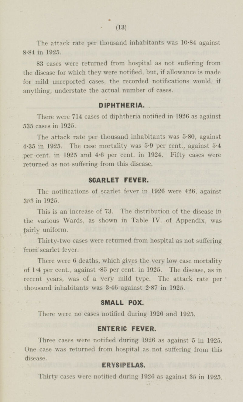 The attack rate per thousand inhabitants was 10.84 against 8.84 in 1925. 83 cases were returned from hospital as not suffering from the disease for which they were notified, but, if allowance is made for mild unreported cases, the recorded notifications would, if anything, understate the actual number of cases. DIPHTHERIA. There were 714 cases of diphtheria notified in 1926 as against 535 cases in 1925. The attack rate per thousand inhabitants was 5.80, against 4.35 in 1925. The case mortality was 5.9 per cent., against 5.4 per cent. in 1925 and 4.6 per cent. in 1924. Fifty cases were returned as not suffering from this disease. SCARLET FEVER. The notifications of scarlet fever in 1926 were 426, against 353 in 1925. This is an increase of 73. The distribution of the disease in the various Wards, as shown in Table IV. of Appendix, was fairly uniform. Thirty-two cases were returned from hospital as not suffering from scarlet fever. There were 6 deaths, which gives the very low case mortality of 1.4 per cent., against .85 per cent. in 1925. The disease, as in recent years, was of a very mild type. The attack rate per thousand inhabitants was 3.46 against 2.87 in 1925. SMALL POX. There were no cases notified during 1926 and 1925. ENTERIC FEVER. Three cases were notified during 1926 as against 5 in 1925. One case was returned from hospital as not suffering from this disease. ERYSIPELAS. Thirty cases were notified during 1926 as against 35 in 1925.