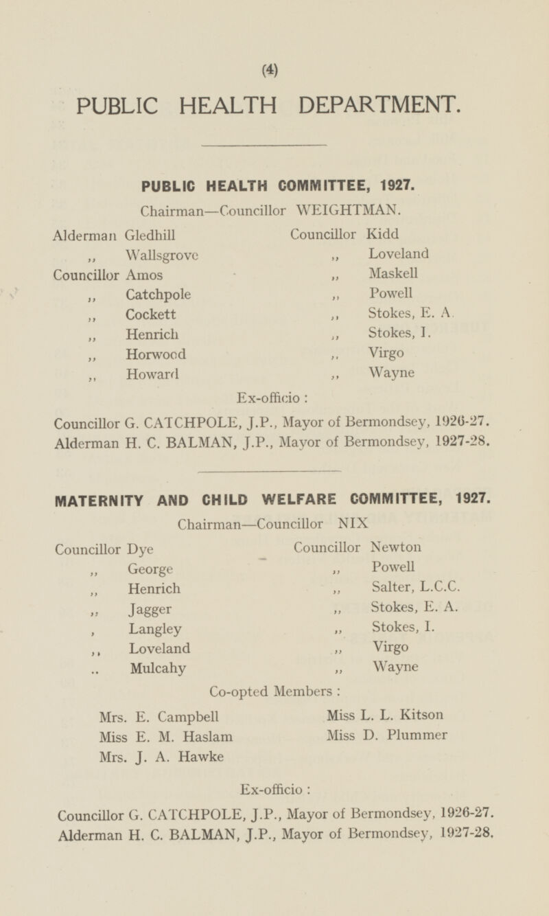 PUBLIC HEALTH DEPARTMENT. PUBLIC HEALTH COMMITTEE, 1927. Chairman—Councillor WEIGHTMAN. Councillor Kidd Alderman Gledhill „ Loveland „ Wallsgrove Councillor Amos „ Maskell „ Catchpole „ Powell „ Cockett „ Stokes, E. A. „ Stokes, I. „ Henrich „ Horwood „ Virgo „ Howard „ Wayne Ex-officio: Councillor G. CATCHPOLE, J.P., Mayor of Bermondsey, 1926-27. Alderman H.C.BALMAN, J.P., Mayor of Bermondsey, 1927-28. MATERNITY AND CHILD WELFARE COMMITTEE, 1927. Chairman —Councillor NIX Councillor Dye Councillor Newton „ Powell „ George „ Henrich „ Salter, L.C.C. „ Jagger „ Stokes, E. A. „ Langley „ Stokes, I. „ virgo „ Loveland „ Mulcahy „ Wayne Co-opted Members: Mrs. E. Campbell Miss L. L. Kitson Miss D. Plummer Miss E. M. Haslam Mrs. J. A. Hawke Ex-officio: Councillor G. CATCHPOLE, J.P, Mayor of Bermondsey, 1926-27. Alderman H. C. BALMAN, J.P., Mayor of Bermondsey, 1927-28.