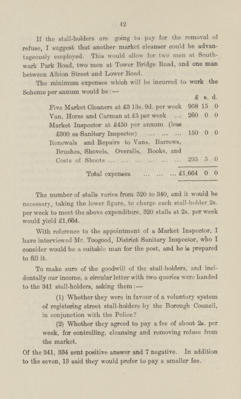 42 If the stall-holders are going to pay for the removal of refuse, I suggest that another market cleanser could be advantageously employed. This would allow for two men at Southwark Park Road, two men at Tower Bridge Road, and one man between Albion Street and Lower Road. The minimum expenses which will be incurred to work the Scheme per annum would be: — rj »w * ■» - — — £ s. d. Five Market Gleaners at £3 13s. 9d. per week 958 15 0 Van, Horse and Carman at £5 per week 260 0 0 Market Inspector at £450 per annum (less £300 as Sanitary Inspector) 150 0 0 Renewals and Repairs to Vans, Barrows, Brushes, Shovels, Overalls, Books, and Costs of Shoots 295 5 0 Total expenses £1,664 0 0 The number of stalls varies from 320 to 340, and it would be necessary, taking the lower figure, to charge each stall-holder 2s. per week to meet the above expenditure, 320 stalls at 2s. per week would yield £1,664. With reference to the appointment of a Market Inspector, I have interviewed Mr. Toogood, District Sanitary Inspector, who I consider would be a suitable man for the post, and he is prepared to fill it. To make sure of the goodwill of the stall-holders, and incidentally our income, a circular letter with two queries were handed to the 341 stall-holders, asking them: — (1) Whether they were in favour of a voluntary system of registering street stall-holders by the Borough Council, in conjunction with the Police? (2) Whether they agreed to pay a fee of about 2s. per week, for controlling, cleansing and removing refuse from the market. Of the 341, 334 sent positive answer and 7 negative. In addition to the seven, 13 said they would prefer to pay a smaller fee.