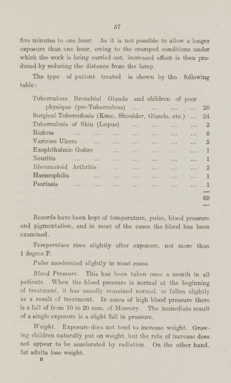 57 five minutes to one hour. As it is not possible to allow a longer exposure than one hour, owing to the cramped conditions under which the work is being carried out, increased effect is then produced by reducing the distance from the lamp. The type of patient treated is shown by the following table: Tuberculous Bronchial Glands and children of poor physique (pre-Tuiberculous) 26 Surgical Tuberculosis (Knee, Shoulder, Glands, etc.) 24 Tuberculosis of Skin (Lupus) 2 Rickets 6 Varicose Ulcers 5 Exophthalmic Goitre 1 Neuritis 1 Rheumatoid Arthritis 2 Haemophilia 1 Psoriasis 1 69 Records have been kept of temperature, pulse, blood pressure and pigmentation, and in most of the cases the blood has been examined. Temperature rises slightly after exposure, not more than 1 degree F. Pulse accelerated slightly in most cases. Blood Pressure. This has been taken once a month in all patients. When the blood pressure is normal at the beginning of treatment, it has usually remained normal, or fallen slightly as a result of treatment. In cases of high blood pressure there is a fall of from 10 to 20 mm. of Mercury. The immediate result of a single exposure is a slight fall in pressure. Weight. Exposure does not tend to increase weight. Growing children naturally put on weight, but the rate of increase does not appear to be accelerated by radiation. On the other hand, fat adults lose weight. E
