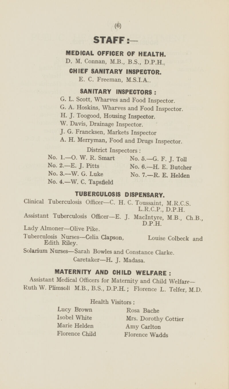 STAFF:- MEDICAL OFFICER OF HEALTH. D. M. Connan, M.B., B.S., D.P.H., CHIEF SANITARY INSPECTOR. E. C. Freeman, M.S.I.A. SANITARY INSPECTORS : G. L. Scott, Wharves and Food Inspector. G. A. Hoskins, Wharves and Food Inspector. H. J. Toogood, Housing Inspector. W. Davis, Drainage Inspector. J. G. Francksen, Markets Inspector A. H. Merryman, Food and Drugs Inspector. District Inspectors: No. 1.—O. W. R. Smart No. 5.—G. F. J. Toll No. 2.-E. J. Pitts No. 6.—H. E. Butcher No. 3.— W. G. Luke No. 7.—R. E. Helden No. 4.—W. C. Tapsfield TUBERCULOSIS DISPENSARY. Clinical Tuberculosis Officer—C. H. C. Toussaint, M.R.C.S. L.R.C.P., D.P.H. Assistant Tuberculosis Officer—E. J. MacIntyre, M.B., Ch.B., D.P.H. Lady Almoner—Olive Pike. Tuberculosis Nurses—Celia Clapson, Louise Colbeck and Edith Riley. Solarium Nurses—Sarah Bowles and Constance Clarke. Caretaker—H. J. Madasa. MATERNITY AND CHILD WELFARE: Assistant Medical Officers for Maternity and Child Welfare— Ruth W. Plimsoll M.B., B.S., D.P.H.; Florence L. Telfer, M.D. Health Visitors: Lucy Brown Rosa Bache Isobel White Mrs. Dorothy Cottier Marie Helden Amy Carlton Florence Child Florence Wadds