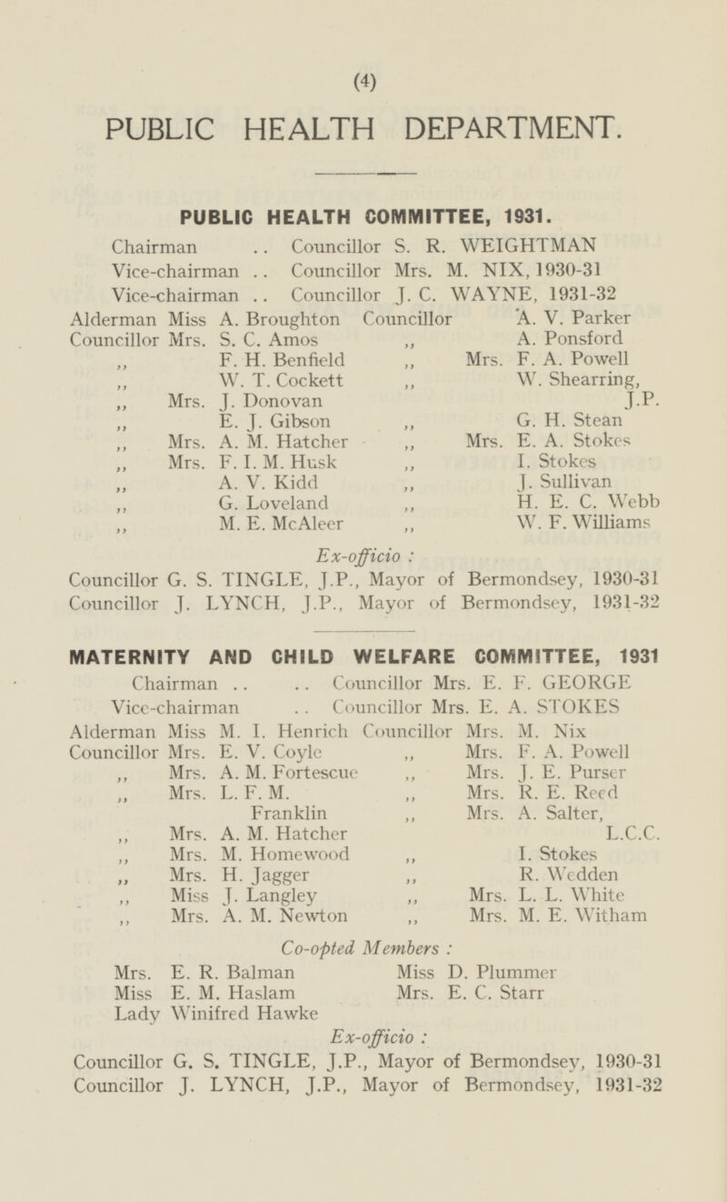 PUBLIC HEALTH DEPARTMENT. PUBLIC HEALTH COMMITTEE, 1931. Chairman .. Councillor S. R. WEIGHTMAN Vice-chairman Councillor Mrs. M. NIX, 1930-31 Vice-chairman Councillor J. C. WAYNE, 1931-32 Alderman Miss A. Broughton Councillor A. V. Parker Councillor Mrs. S. C. Amos „ A. Ponsford „ F. H. Benfield „ Mrs. F. A. Powell „ W. T. Cockett „ W. Shearring, J.P. „ Mrs. J. Donovan „ E. J. Gibson „ G. H. Stean „ Mrs. A. M. Hatcher „ Mrs. E. A. Stokes „ Mrs. F. I. M. Husk „ I. Stokes „ A. V. Kidd J. Sullivan „ G. Loveland H. E. C. Webb „ M. E. McAleer „ W.F. Williams Ex-officio: Councillor G. S. TINGLE, J.P., Mayor of Bermondsey, 1930-31 Councillor J. LYNCH, J.P., Mayor of Bermondsey, 1931-32 MATERNITY AND CHILD WELFARE COMMITTEE, 1931 Chairman Councillor Mrs. E. F. GEORGE Vice-chairman Councillor Mrs. E. A. STOKES Alderman Miss M. I. Henrich Counciĺor Mrs. M. Nix Councillor Mrs. M. Nix Councillor Mrs. E. V. Coyle „ Mrs. F. A. Powell „ Mrs. A. M. Fortescue „ Mrs. J. E. Purser Mrs. L. F. M. Franklin „ Mrs. R. E. Reed „ Mrs. A. Salter, L.C.C. „ Mrs. A. M. Hatcher „ Mrs. M. Homewood „ I. Stokes „ Mrs. H. Jagger „ R. Wedden „ Miss J. Langley „ Mrs. L. L. White „ Mrs. A. M. Newton „ Mrs. M. E. Witham Co-opted Members: Mrs. E. R. Balman Miss D. Plummer Miss E. M. Haslam Lady Winifred Hawke Mrs. E. C. Starr Ex-officio: Councillor G. S. TINGLE, J.P., Mayor of Bermondsey, 1930-31 Councillor J. LYNCH, J.P., Mayor of Bermondsey, 1931-32