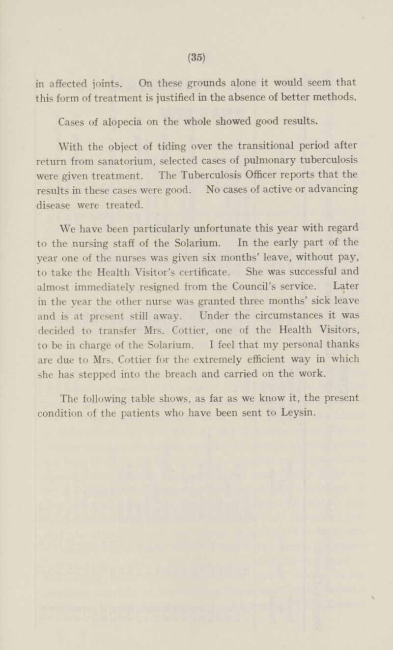 in affected joints. On these grounds alone it would seem that this form of treatment is justified in the absence of better methods. Cases of alopecia on the whole showed good results. With the object of tiding over the transitional period after return from sanatorium, selected cases of pulmonary tuberculosis were given treatment. The Tuberculosis Officer reports that the results in these cases were good. No cases of active or advancing disease were treated. We have been particularly unfortunate this year with regard to the nursing staff of the Solarium. In the early part of the year one of the nurses was given six months' leave, without pay, to take the Health Visitor's certificate. She was successful and almost immediately resigned from the Council's service. Later in the year the other nurse was granted three months' sick leave and is at present still away. Under the circumstances it was decided to transfer Mrs. Cottier, one of the Health Visitors, to be in charge of the Solarium. I feel that my personal thanks are due to Mrs. Cottier for the extremely efficient way in which she has stepped into the breach and carried on the work. The following table shows, as far as we know it, the present condition of the patients who have been sent to Leysin.