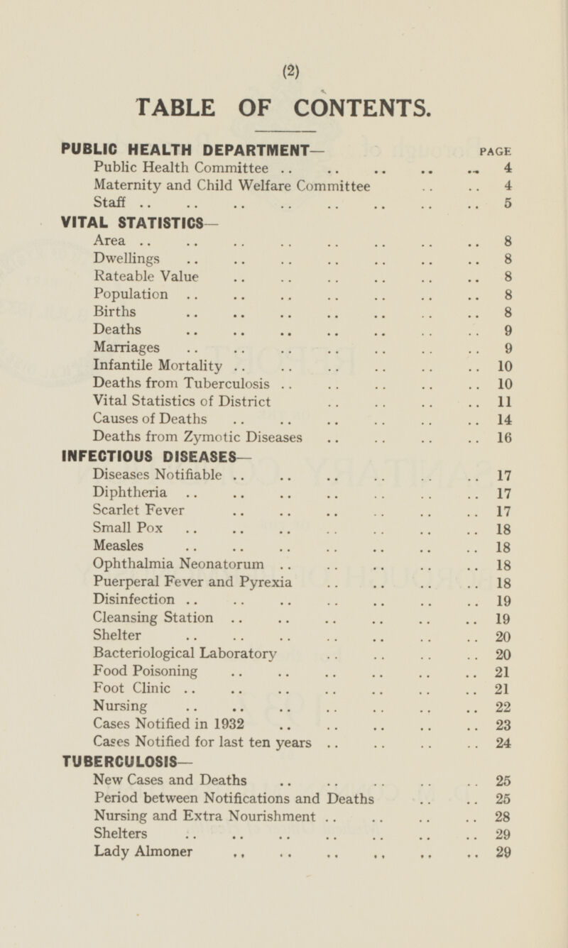 TABLE OF CONTENTS. PUBLIC HEALTH DEPARTMENT— PAGE Public Health Committee 4 Maternity and Child Welfare Committee 4 Staff 5 VITAL STATISTICS- Area 8 Dwellings 8 Rateable Value 8 Population 8 Births 8 Deaths 9 Marriages 9 Infantile Mortality 10 Deaths from Tuberculosis 10 Vital Statistics of District 11 Causes of Deaths 14 Deaths from Zymotic Diseases 16 INFECTIOUS DISEASES— Diseases Notifiable 17 Diphtheria 17 Scarlet Fever 17 Small Pox 18 Measles 18 Ophthalmia Neonatorum 18 Puerperal Fever and Pyrexia 18 Disinfection 19 Cleansing Station 19 Shelter 20 Bacteriological Laboratory 20 Food Poisoning 21 Foot Clinic 21 Nursing 22 Cases Notified in 1932 23 Cases Notified for last ten years 24 TUBERCULOSIS— New Cases and Deaths 25 Period between Notifications and Deaths 25 Nursing and Extra Nourishment 28 Shelters 29 Lady Almoner 29