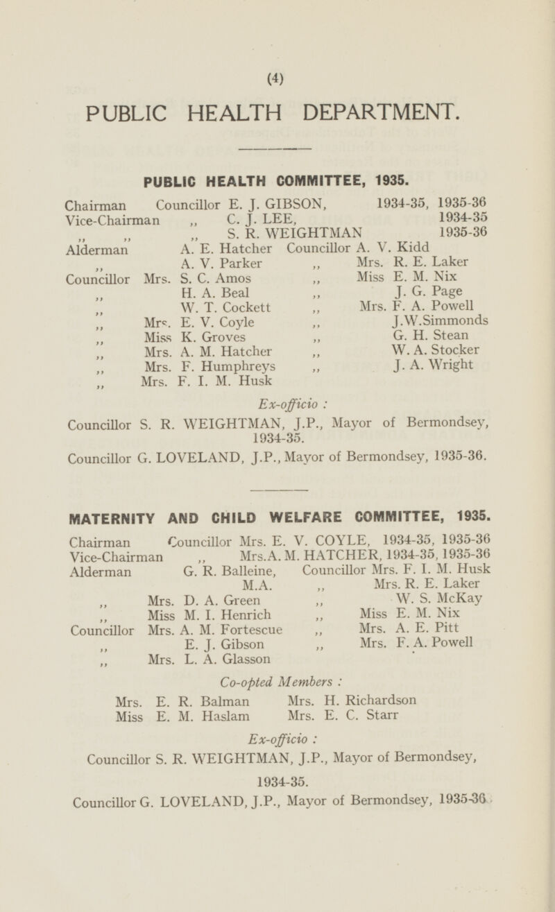 PUBLIC HEALTH DEPARTMENT. PUBLIC HEALTH COMMITTEE, 1935. Chairman Councillor E. J. GIBSON, 1934-35, 1935-36 Vice-Chairman „ C. J. LEE, 1934-35 S. R. WEIGHTMAN 1935-36 Alderman A. E. Hatcher Councillor A. V. Kidd A. V. Parker „ Mrs. R. E. Laker Councillor Mrs. S. C. Amos „ Miss E. M. Nix H. A. Beal „ J. G. Page W. T. Cockett „ Mrs. F. A. Powell Mrs. E. V. Coyle „ J.W.Simmonds „ Miss K. Groves „ G. H. Stean „ Mrs. A. M. Hatcher „ W. A. Stocker Mrs. F. Humphreys „ J. A. Wright „ Mrs. F. I. M. Husk Ex-officio: Councillor S. R. WEIGHTMAN, J.P., Mayor of Bermondsey, 1934-35. Councillor G. LOVELAND, J.P., Mayor of Bermondsey, 1935-36. MATERNITY AND CHILD WELFARE COMMITTEE, 1935. Chairman Councillor Mrs. E. V. COYLE, 1934-35, 1935-36 Vice-Chairman „ Mrs.A. M. HATCHER, 1934-35,1935-36 Alderman G. R. Balleine, Councillor Mrs. F. I. M. Husk M.A. „ Mrs. R. E. Laker Mrs. D. A. Green „ W. S. McKay „ Miss M. I. Henrich „ Miss E. M. Nix Councillor Mrs. A. M. Fortescue „ Mrs. A. E. Pitt E. J. Gibson „ Mrs. F. A. Powell „ Mrs. L. A. Glasson Co-opted Members: Mrs. E. R. Balman Mrs. H. Richardson Miss E. M. Haslam Mrs. E. C. Starr Ex-officio: Councillor S. R. WEIGHTMAN,J.P., Mayor of Bermondsey, 1934-35. Councillor G. LOVELAND, J.P., Mayor of Bermondsey, 1935-36