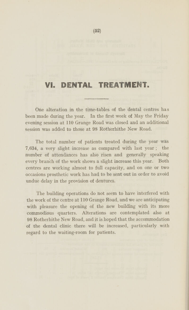 VI. DENTAL TREATMENT. One alteration in the time-tables of the dental centres has been made during the year. In the first week of May the Friday evening session at 110 Grange Road was closed and an additional session was added to those at 98 Rotherhithe New Road. The total number of patients treated during the year was 7,634, a very slight increase as compared with last year; the number of attendances has also risen and generally speaking every branch of the work shows a slight increase this year. Both centres are working almost to full capacity, and on one or two occasions prosthetic work has had to be sent out in order to avoid undue delay in the provision of dentures. The building operations do not seem to have interfered with the work of the centre at 110 Grange Road, and we are anticipating with pleasure the opening of the new building with its more commodious quarters. Alterations are contemplated also at 98 Rotherhithe New Road, and it is hoped that the accommodation of the dental clinic there will be increased, particularly with regard to the waiting-room for patients.