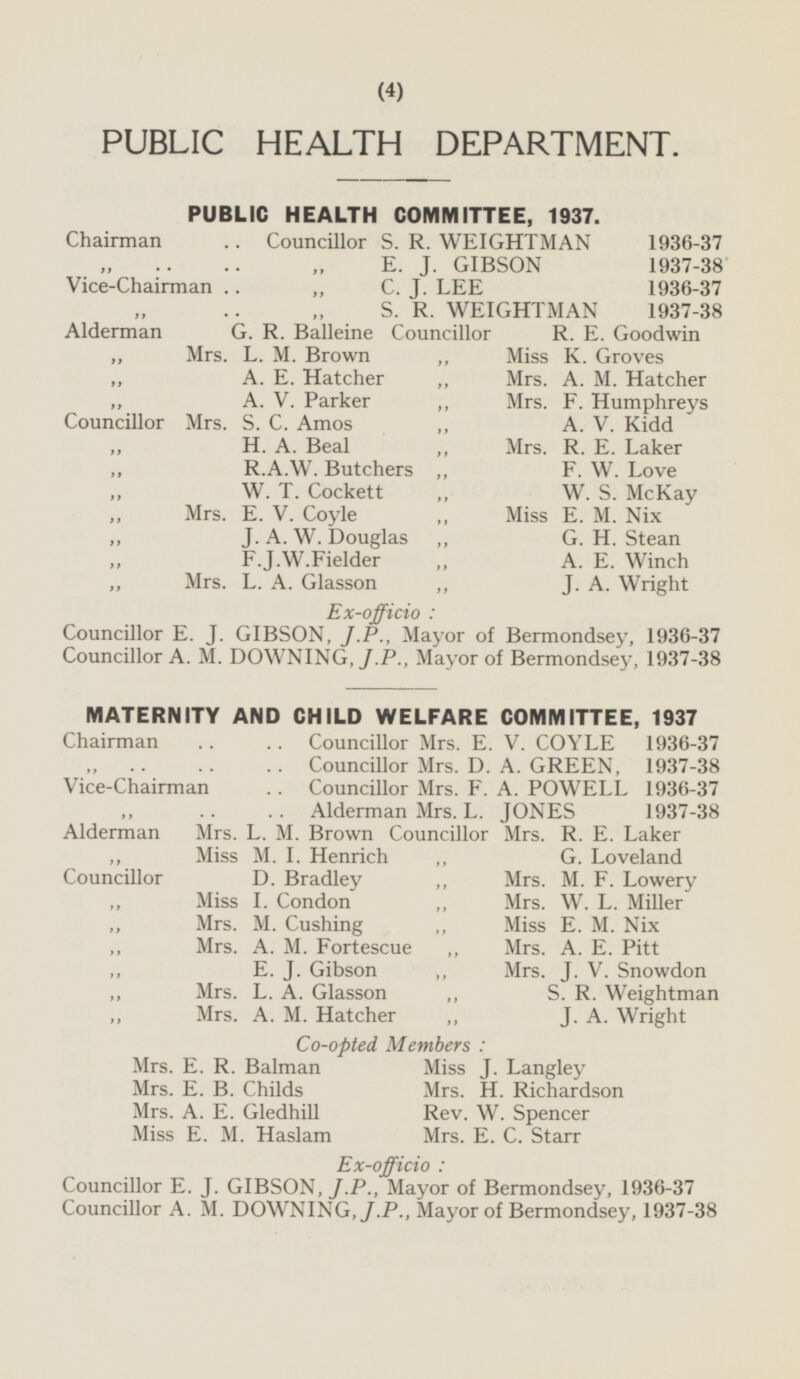 PUBLIC HEALTH DEPARTMENT. PUBLIC HEALTH COMMITTEE, 1937. Chairman Councillor S. R. WEIGHTMAN 1936-37 „ „ E. J. GIBSON 1937-38 Vice-Chairman „ C. J. LEE 1936-37 „ „ S. R. WEIGHTMAN 1937-38 Alderman G. R. Balleine Councillor R. E. Goodwin „ Mrs. L. M. Brown „ Miss K. Groves „ A. E. Hatcher „ Mrs. A. M. Hatcher „ A. V. Parker „ Mrs. F. Humphreys Councillor Mrs. S. C. Amos „ A. V. Kidd „ H. A. Beal „ Mrs. R. E. Laker „ R.A.W. Butchers „ F. W. Love „ W. T. Cockett „ W. S. McKay „ Mrs. E. V. Coyle „ Miss E. M. Nix „ J. A. W. Douglas „ G. H. Stean „ F.J.W.Fielder „ A. E. Winch „ Mrs. L. A. Glasson „ J. A. Wright Ex-officio: Councillor E. J. GIBSON, J.P., Mayor of Bermondsey, 1936-37 Councillor A. M. DOWNING, J.P., Mayor of Bermondsey, 1937-38 MATERNITY AND CHILD WELFARE COMMITTEE, 1937 Chairman Councillor Mrs. E. V. COYLE 1936-37 „ Councillor Mrs. D. A. GREEN, 1937-38 Vice-Chairman Councillor Mrs. F. A. POWELL 1936-37 „ Alderman Mrs. L. JONES 1937-38 Alderman Mrs. L. M. Brown Councillor Mrs. R. E. Laker „ Miss M. I. Henrich „ G. Loveland Councillor D. Bradley „ Mrs. M. F. Lowery „ Miss I. Condon „ Mrs. W. L. Miller „ Mrs. M. Cushing „ Miss E. M. Nix „ Mrs. A. M. Fortescue „ Mrs. A. E. Pitt „ E. J. Gibson „ Mrs. J. V. Snowdon „ Mrs. L. A. Glasson „ S. R. Weightman „ Mrs. A. M. Hatcher „ J. A. Wright Co-opted Members: Mrs. E. R. Balman Miss J. Langley Mrs. E. B. Childs Mrs. H. Richardson Mrs. A. E. Gledhill Rev. W. Spencer Miss E. M. Haslam Mrs. E. C. Starr Ex-officio : Councillor E. J. GIBSON, J.P., Mayor of Bermondsey, 1936-37 Councillor A. M. DOWNING, J.P., Mayor of Bermondsey, 1937-38