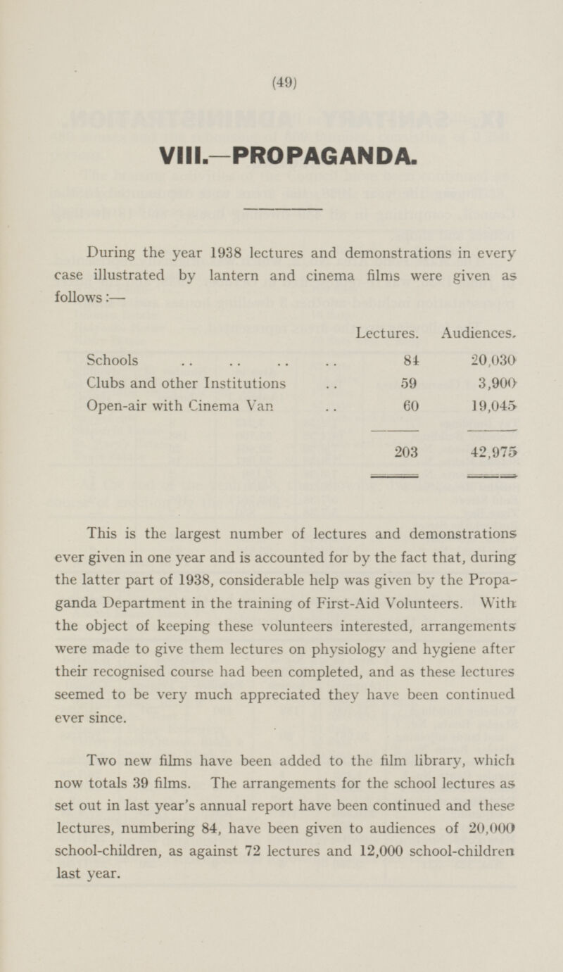 VIII.—PROPAGANDA. During the year 1938 lectures and demonstrations in every case illustrated by lantern and cinema films were given as follows:— Lectures. Audiences. Schools 84 20,030 Clubs and other Institutions 59 3,900 Open-air with Cinema Van 60 19,045 203 42,975 This is the largest number of lectures and demonstrations ever given in one year and is accounted for by the fact that, during the latter part of 1938, considerable help was given by the Propaganda Department in the training of First-Aid Volunteers. With; the object of keeping these volunteers interested, arrangements were made to give them lectures on physiology and hygiene after their recognised course had been completed, and as these lectures seemed to be very much appreciated they have been continued ever since. Two new films have been added to the film library, which now totals 39 films. The arrangements for the school lectures as set out in last year's annual report have been continued and these lectures, numbering 84, have been given to audiences of 20,000 school-children, as against 72 lectures and 12,000 school-children last year.