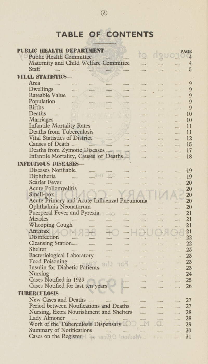 TABLE OF CONTENTS PUBLIC HEALTH DEPARTMENT — page Public Health Committee 4 Maternity and Child Welfare Committee 4 Staff 5 VITAL STATISTICS— Area 9 Dwellings 9 Rateable Value 9 Population 9 Births 9 Deaths 10 Marriages 10 Infantile Mortality Rates 11 Deaths from Tuberculosis 11 Vital Statistics of District 12 Causes of Death 15 Deaths from Zymotic Diseases 17 Infantile Mortality, Causes of Deaths 18 INFECTIOUS DISEASES— Diseases Notifiable 19 Diphtheria 19 Scarlet Fever 20 Acute Poliomyelitis 20 Small-pox 20 Acute Primary and Acute Influenzal Pneumonia 20 Ophthalmia Neonatorum 20 Puerperal Fever and Pyrexia 21 Measles 21 Whooping Cough 21 Anthrax 21 Disinfection 22 Cleansing Station 22 Shelter 23 Bacteriological Laboratory 23 Food Poisoning 23 Insulin for Diabetic Patients 23 Nursing 24 Cases Notified in 1939 25 Cases Notified for last ten years 26 TUBERCULOSIS- New Cases and Deaths 27 Period between Notifications and Deaths 27 Nursing, Extra Nourishment and Shelters 28 Lady Almoner 28 Work of the Tuberculosis Dispensary 29 Summary of Notifications 30 Cases on the Register 31