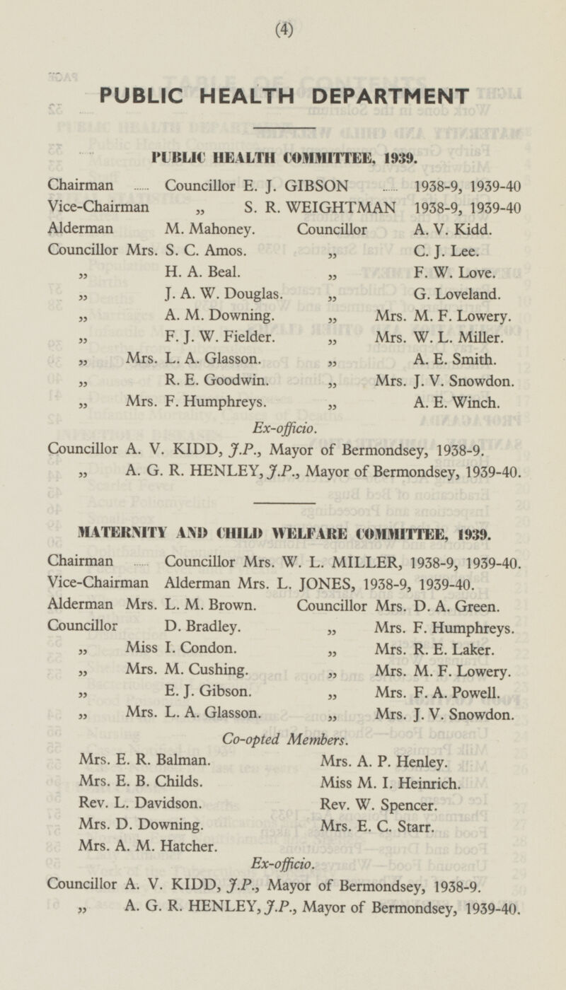 PUBLIC HEALTH DEPARTMENT PUBLIC HEALTH COMMITTEE, 1939. Chairman Councillor E. J. GIBSON 1938-9, 1939-40 Vice-Chairman „ S. R. WEIGHTMAN 1938-9, 1939-40 Alderman M. Mahoney. Councillor A. V. Kidd. Councillor Mrs. S. C. Amos. „ C. J. Lee. „ H. A. Beal. „ F. W. Love. „ J. A. W. Douglas. „ G. Loveland. „ A. M. Downing. „ Mrs. M. F. Lowery. „ F. J. W. Fielder. „ Mrs. W. L. Miller. „ Mrs. L. A. Glasson. „ A. E. Smith. „ R. E. Goodwin. „ Mrs. J. V. Snowdon. „ Mrs. F. Humphreys. „ A. E. Winch. Ex-officio. Councillor A. V. KIDD, J.P., Mayor of Bermondsey, 1938-9. „ A. G. R. HENLEY, J.P., Mayor of Bermondsey, 1939-40. MATERNITY AND CHILD WELFARE COMMITTEE, 1939. Chairman Councillor Mrs. W. L. MILLER, 1938-9, 1939-40. Vice-Chairman Alderman Mrs. L. JONES, 1938-9, 1939-40. Alderman Mrs. L. M. Brown. Councillor Mrs. D. A. Green. Councillor D. Bradley. „ Mrs. F. Humphreys. „ Miss I. Condon. „ Mrs. R. E. Laker. „ Mrs. M. Cushing. „ Mrs. M. F. Lowery. „ E.J.Gibson. „ Mrs. F. A. Powell. „ Mrs. L. A. Glasson. „ Mrs. J. V. Snowdon. Co-opted Members. Mrs. E. R. Balman. Mrs. A. P. Henley. Mrs. E. B. Childs. Miss M. I. Heinrich. Rev. L. Davidson. Rev. W. Spencer. Mrs. D. Downing. Mrs. E. C. Starr. Mrs. A. M. Hatcher. Ex-officio. Councillor A. V. KIDD, J.P., Mayor of Bermondsey, 1938-9. „ A. G. R. HENLEY, J.P., Mayor of Bermondsey, 1939-40.