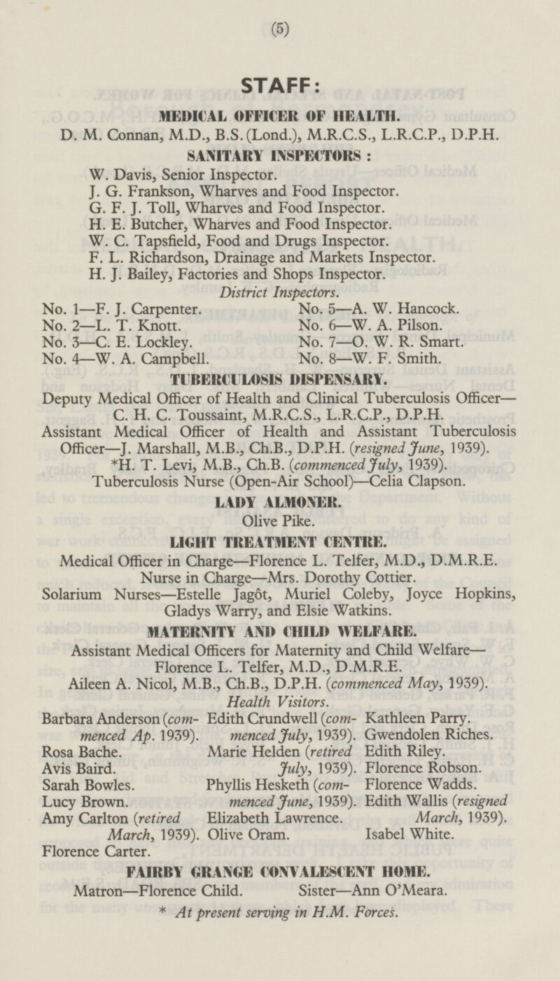 STAFF: MEDICAL OFFICER OF HEALTH. D. M. Connan, M.D., B.S.(Lond.), M.R.C.S., L.R.C.P., D.P.H. SANITARY INSPECTORS : W. Davis, Senior Inspector. J. G. Frankson, Wharves and Food Inspector. G. F. J. Toll, Wharves and Food Inspector. H. E. Butcher, Wharves and Food Inspector. W. C. Tapsfield, Food and Drugs Inspector. F. L. Richardson, Drainage and Markets Inspector. H. J. Bailey, Factories and Shops Inspector. District Inspectors. No. 1—F. J. Carpenter. No. 5 —A. W. Hancock. No. 2 —L. T. Knott. No. 6 —W. A. Pilson. No. 3 —C. E. Lockley. No. 7 —0. W. R. Smart. No. 4—W. A. Campbell. No. 8—W. F. Smith. TUBERCULOSIS DISPENSARY. Deputy Medical Officer of Health and Clinical Tuberculosis Officer—C. H. C. Toussaint, M.R.C.S., L.R.C.P., D.P.H. Assistant Medical Officer of Health and Assistant Tuberculosis Officer —J. Marshall, M.B., Ch.B., D.P.H. (resigned June, 1939). *H. T. Levi, M.B., Ch.B. (commenced July, 1939). Tuberculosis Nurse (Open-Air School) —Celia Clapson. LADY ALMONER. Olive Pike. LIGHT TREATMENT CENTRE. Medical Officer in Charge —Florence L. Telfer, M.D., D.M.R.E. Nurse in Charge —Mrs. Dorothy Cottier. Solarium Nurses —Estelle Jagot, Muriel Coleby, Joyce Hopkins, Gladys Warry, and Elsie Watkins. MATERNITY AND CHILD WELFARE. Assistant Medical Officers for Maternity and Child Welfare — Florence L. Telfer, M.D., D.M.R.E. Aileen A. Nicol, M.B., Ch.B., D.P.H. (commenced May, 1939). Health Visitors. Barbara Anderson (com- Edith Crundwell (com- Kathleen Parry. menced Ap. 1939). menced July, 1939). Gwendolen Riches. Rosa Bache. Marie Helden (retired Edith Riley. Avis Baird. July, 1939). Florence Robson. Sarah Bowles. Phyllis Hesketh (com- Florence Wadds. Lucy Brown. menced June, 1939). Edith Wallis (resigned Amy Carlton (retired Elizabeth Lawrence. March, 1939). March, 1939). Olive Oram. Isabel White. Florence Carter. FAIRBY GRANGE CONVALESCENT HOME. Matron —Florence Child. Sister—Ann O'Meara. * At present serving in H.M. Forces.