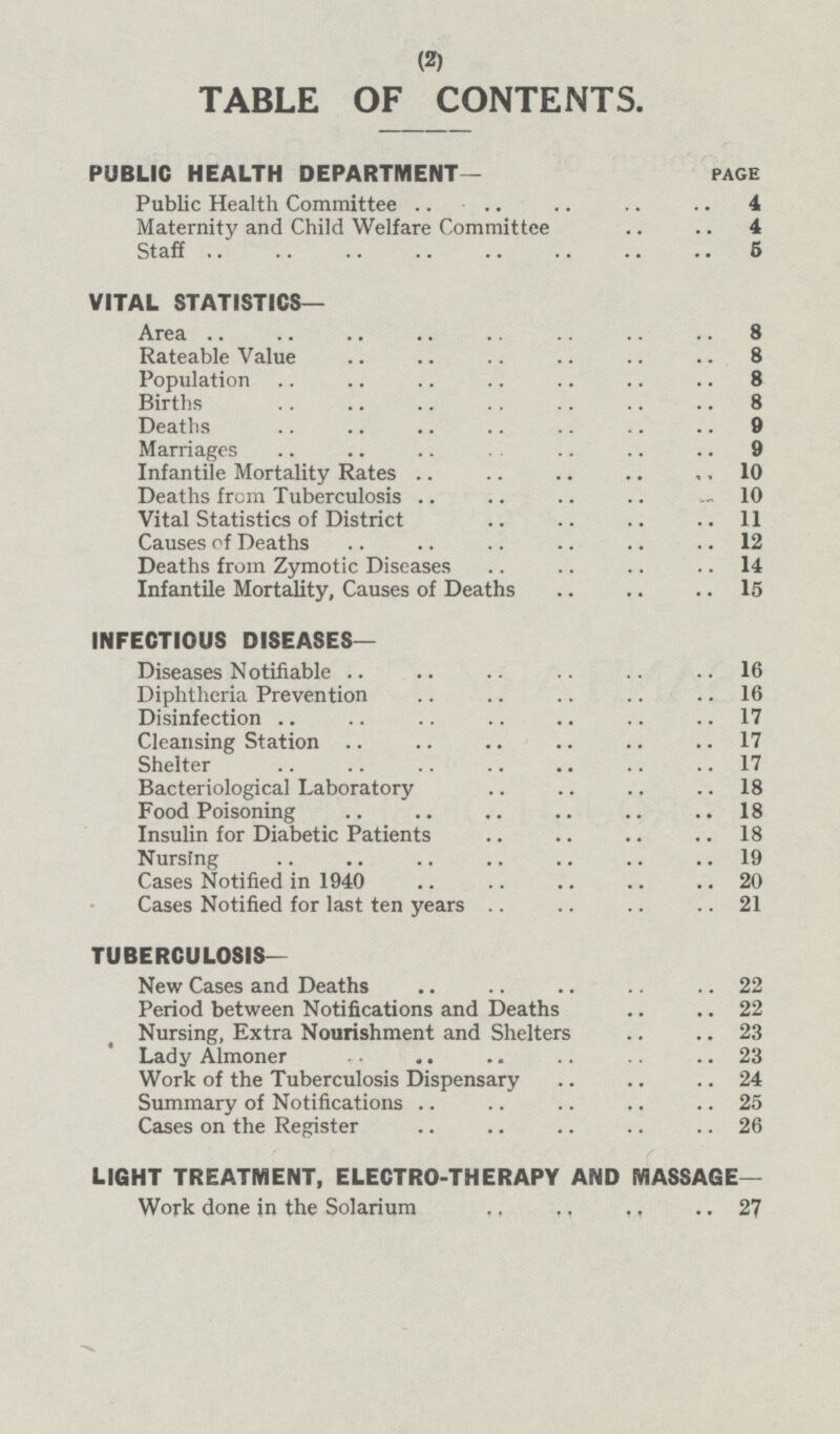 TABLE OF CONTENTS. PUBLIC HEALTH DEPARTMENT— PAGE Public Health Committee 4 Maternity and Child Welfare Committee 4 Staff 5 VITAL STATISTICS— Area 8 Rateable Value 8 Population 8 Births 8 Deaths 9 Marriages 9 Infantile Mortality Rates 10 Deaths from Tuberculosis 10 Vital Statistics of District 11 Causes of Deaths 12 Deaths from Zymotic Diseases 14 Infantile Mortality, Causes of Deaths 15 INFECTIOUS DISEASES— Diseases Notifiable 16 Diphtheria Prevention 16 Disinfection 17 Cleansing Station 17 Shelter 17 Bacteriological Laboratory 18 Food Poisoning 18 Insulin for Diabetic Patients 18 Nursing 19 Cases Notified in 1940 20 Cases Notified for last ten years 21 TUBERCULOSIS- New Cases and Deaths 22 Period between Notifications and Deaths 22 Nursing, Extra Nourishment and Shelters 23 Lady Almoner 23 Work of the Tuberculosis Dispensary 24 Summary of Notifications 25 Cases on the Register 26 LIGHT TREATMENT, ELECTRO-THERAPY AND MASSAGE— Work done in the Solarium 27