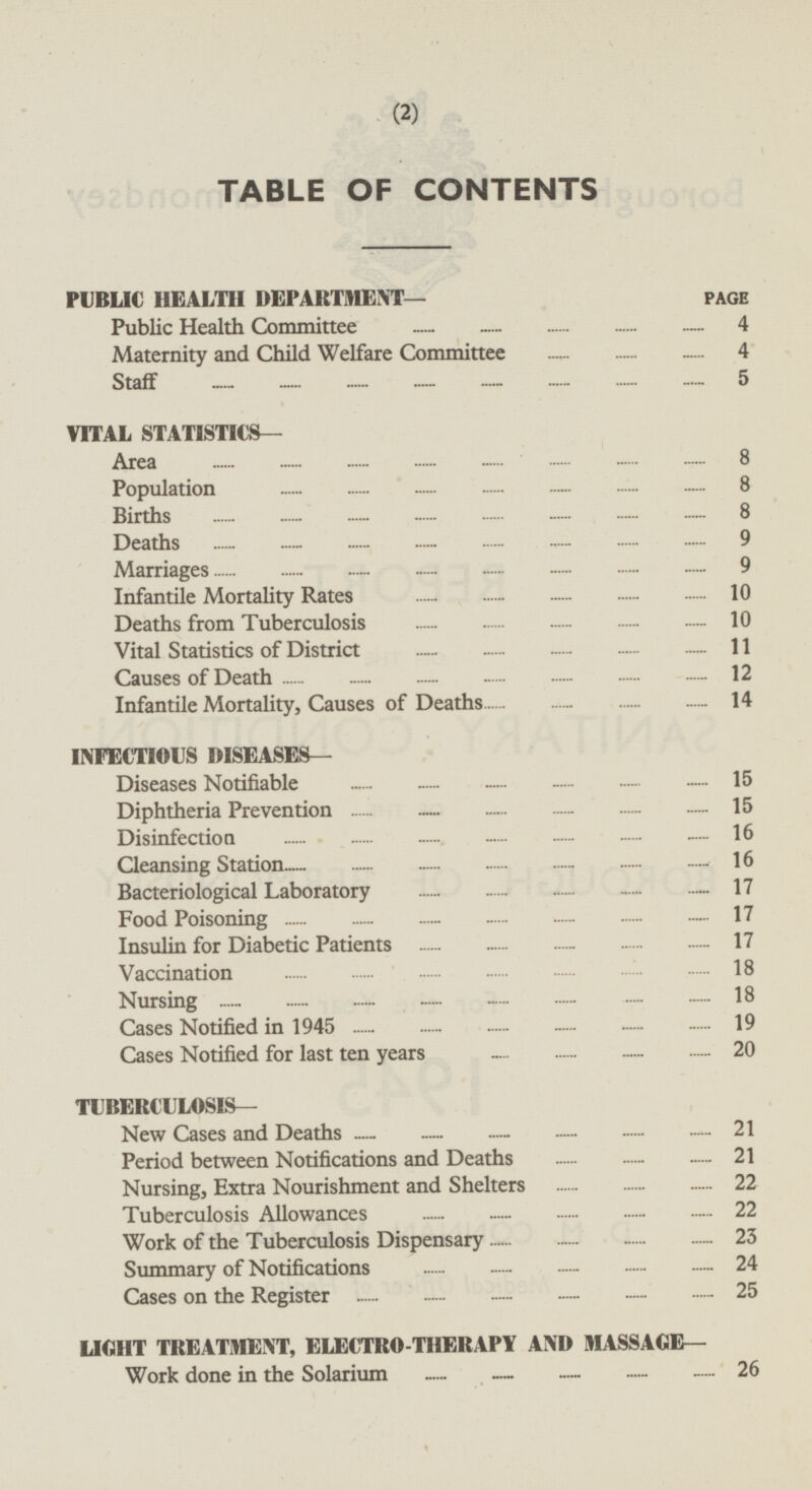 TABLE OF CONTENTS PUBLIC HEALTH DEPARTMENT— PAGE Public Health Committee 4 Maternity and Child Welfare Committee 4 Staff 5 VITAL STATISTICS— Area 8 Population 8 Births 8 Deaths 9 Marriages 9 Infantile Mortality Rates 10 Deaths from Tuberculosis 10 Vital Statistics of District 11 Causes of Death 12 Infantile Mortality, Causes of Deaths 14 INFECTIOUS DISEASES— Diseases Notifiable 15 Diphtheria Prevention 15 Disinfection 16 Cleansing Station 16 Bacteriological Laboratory 17 Food Poisoning 17 Insulin for Diabetic Patients 17 Vaccination 18 Nursing 18 Cases Notified in 1945 19 Cases Notified for last ten years 20 TUBERCULOSIS— New Cases and Deaths 21 Period between Notifications and Deaths 21 Nursing, Extra Nourishment and Shelters 22 Tuberculosis Allowances 22 Work of the Tuberculosis Dispensary 23 Summary of Notifications 24 Cases on the Register 25 LIGHT TREATMENT, ELECTRO-THERAPY AND MASSAGE— Work done in the Solarium 26