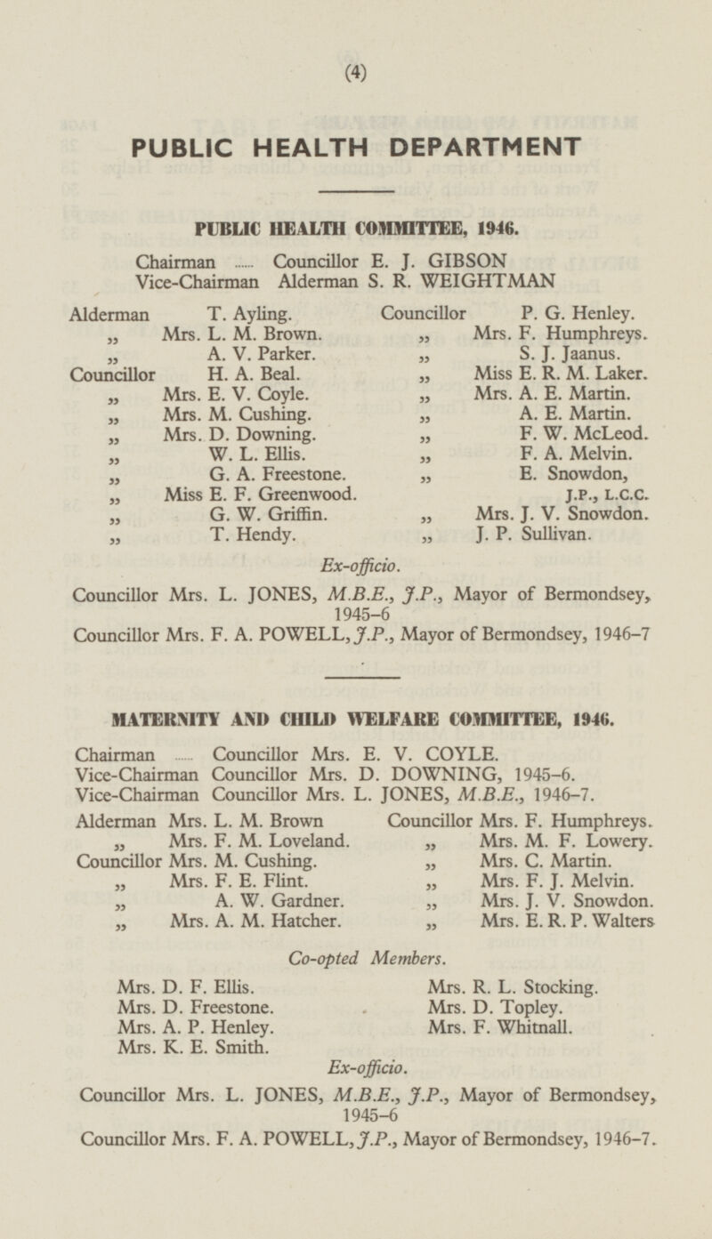 PUBLIC HEALTH DEPARTMENT PUBLIC HEALTH COMMITTEE, 1946. Chairman ....... Councillor E. J. GIBSON Vice-Chairman Alderman S. R. WEIGHTMAN Alderman T. Ayling. Councillor P. G. Henley. „ Mrs. L. M. Brown. „ Mrs. F. Humphreys. „ A. V. Parker. „ S. J. Jaanus. Councillor H. A. Beal. „ Miss E. R. M. Laker. „ Mrs. E. V. Coyle. „ Mrs. A. E. Martin. „ Mrs. M. Cushing. „ A. E. Martin. „ Mrs. D. Downing. „ F. W. McLeod. „ W. L. Ellis. „ F. A. Melvin. „ G. A. Freestone. „ E. Snowdon, „ Miss E. F. Greenwood. J.P., L.c.c. „ G. W. Griffin. „ Mrs. J. V. Snowdon. „ T. Hendy. „ J. P. Sullivan. Ex-officio. Councillor Mrs. L. JONES, J.P., Mayor of Bermondsey, 1945-6 Councillor Mrs. F. A. POWELL, J.P., Mayor of Bermondsey, 1946-7 MATERNITY AND CHILID WELFARE COMMITTEE, 1946. Chairman ...... Councillor Mrs. E. V. COYLE. Vice-Chairman Councillor Mrs. D. DOWNING, 1945-6. Vice-Chairman Councillor Mrs. L. JONES, M.8.E., 1946-7. Alderman Mrs. L. M. Brown Councillor Mrs. F. Humphreys. „ Mrs. F. M. Loveland. „ Mrs. M. F. Lowery. Councillor Mrs. M. Cushing. „ Mrs. C. Martin. „ Mrs. F. E. Flint. „ Mrs. F. J. Melvin. „ A. W. Gardner. „ Mrs. J. V. Snowdon. „ Mrs. A. M. Hatcher. „ Mrs. E. R. P. Walters Co-opted Members. Mrs. D. F. Ellis. Mrs. R. L. Stocking. Mrs. D. Freestone. Mrs. D. Topley. Mrs. A. P. Henley. Mrs. F. Whitnall. Mrs. K. E. Smith. Ex-officio. Councillor Mrs. L. JONES, J.P., Mayor of Bermondsey, 1945-6 Councillor Mrs. F. A. POWELL, J.P., Mayor of Bermondsey, 1946-7.