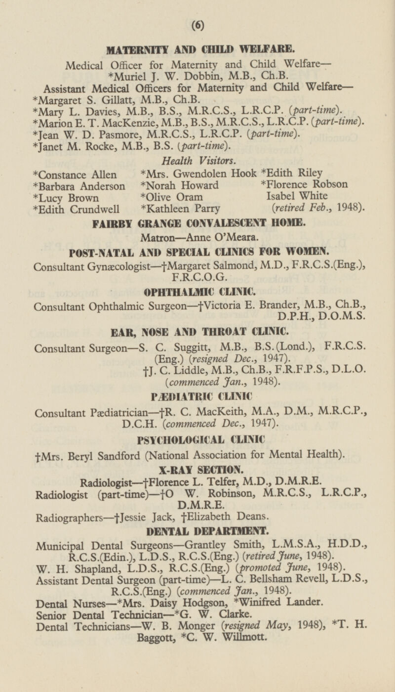 MATERNITY AND CHILD WELFARE. Medical Officer for Maternity and Child Welfare — *Muriel J.W.Dobbin, M.B., Ch.B. Assistant Medical Officers for Maternity and Child Welfare— *Margaret S. Gillatt, M.B., Ch.B. *Mary L. Davies, M.B., B.S., M.R.C.S., L.R.C.P. (part-time). *Marion E.T. MacKenzie, M.B., B.S., M.R.C.S., L.R.C.P. (part-time). *Jean W. D. Pasmore, M.R.C.S., L.R.C.P. (part-time). *Janet M. Rocke, M.B., B.S. (part-time). Health Visitors. *Constance Allen *Mrs.Gwendolen Hook *Edith Riley *Barbara Anderson *Norah Howard *Florence Robson *Lucy Brown *Olive Oram Isabel White *Edith Crundwell *Kathleen Parry (retired Feb., 1948). FAIRBY GRANGE CONVALESCENT HOME. Matron —Anne O'Meara. POST-NATAL AND SPECIAL CLINICS FOR WOMEN. Consultant Gynæcologist—†Margaret Salmond, M.D., F.R.C.S.(Eng.), F.R.C.O.G. OPHTHALMIC CLINIC. Consultant Ophthalmic Surgeon—†Victoria E. Brander, M.B., Ch.B., D.P.H., D.O.M.S. EAR, NOSE AND THROAT CLINIC. Consultant Surgeon—S. C. Suggitt, M.B., B.S. (Lond.), F.R.C.S. (Eng.) (resigned Dec., 1947). †J. C. Liddle, M.B., Ch.B., F.R.F.P.S., D.L.O. (commenced Jan., 1948). PÆDIATRIC CLINIC Consultant Paediatrician—†R. C. MacKeith, M.A., D.M., M.R.C.P., D.C.H. (commenced Dec., 1947). PSYCHOLOGICAL CLINIC †Mrs. Beryl Sandford (National Association for Mental Health). X-RAY SECTION. Radiologist—†Florence L. Telfer, M.D., D.M.R.E. Radiologist (part-time)—†O W. Robinson, M.R.C.S., L.R.C.P., D.M.R.E. Radiographers—†Jessie Jack, †Elizabeth Deans. DENTAL DEPARTMENT. Municipal Dental Surgeons —Grantley Smith, L.M.S.A., H.D.D., R.C.S.(Edin.); L.D.S., R.C.S.(Eng.) (retired June, 1948). W. H. Shapland, L.D.S., R.C.S.(Eng.) (promoted June, 1948). Assistant Dental Surgeon (part-time)—L. C. Bellsham Revell, L.D.S., R.C.S.(Eng.) (commenced Jan., 1948). Dental Nurses —*Mrs. Daisy Hodgson, *Winifred Lander. Senior Dental Technician —*G. W. Clarke. Dental Technicians—W. B. Monger {resigned May, 1948), *T. H. Baggott, *C.W.Willmott.