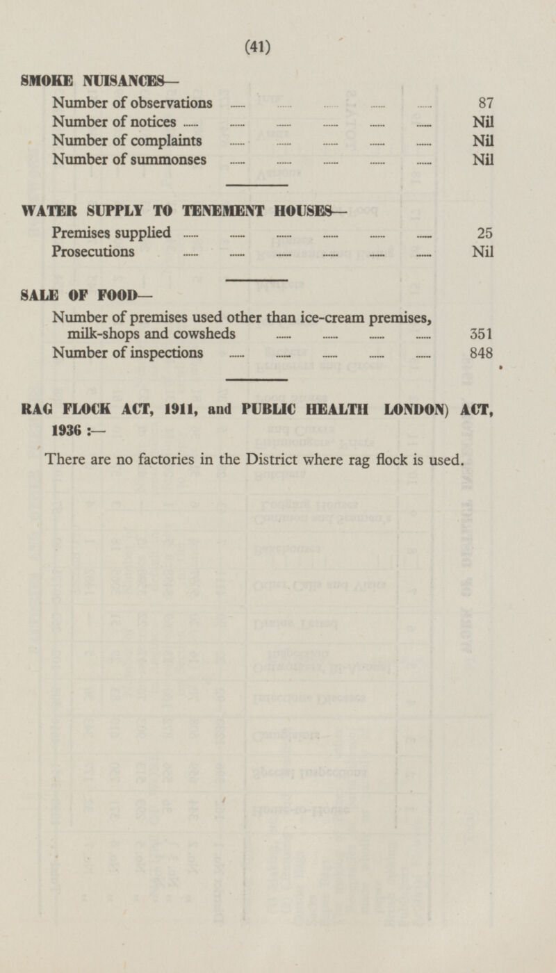 (41) SMOKE NUISANCES— Number of observations 87 Number of notices Nil Number of complaints Nil Number of summonses Nil WATER SUPPLY TO TENEMENT HOUSES— Premises supplied 25 Prosecutions Nil SALE OF FOOD— Number of premises used other than ice-cream premises, milk-shops and cowsheds 351 Number of inspections 848 RAG FLOCK ACT, 1911, and PUBLIC HEALTH LONDON) ACT, 1936:— There are no factories in the District where rag flock is used.