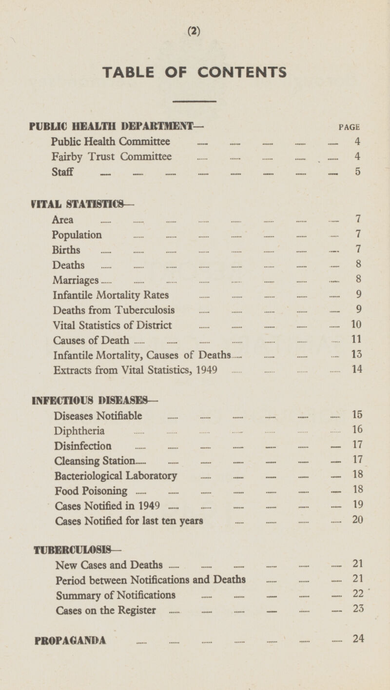 TABLE OF CONTENTS PUBLIC HEALTH DEPARTMENT— PAGE Public Health Committee 4 Fairby Trust Committee 4 Staff 5 VITAL STATISTICS— Area 7 Population 7 Births 7 Deaths 8 Marriages 8 Infantile Mortality Rates 9 Deaths from Tuberculosis 9 Vital Statistics of District 10 Causes of Death 11 Infantile Mortality, Causes of Deaths 13 Extracts from Vital Statistics, 1949 14 INFECTIOUS DISEASES — Diseases Notifiable 15 Diphtheria 16 Disinfection 17 Cleansing Station 17 Bacteriological Laboratory 18 Food Poisoning 18 Cases Notified in 1949 19 Cases Notified for last ten years 20 TUBERCULOSIS— New Cases and Deaths 21 Period between Notifications and Deaths 21 Summary of Notifications 22 Cases on the Register 23 PROPAGANDA 24