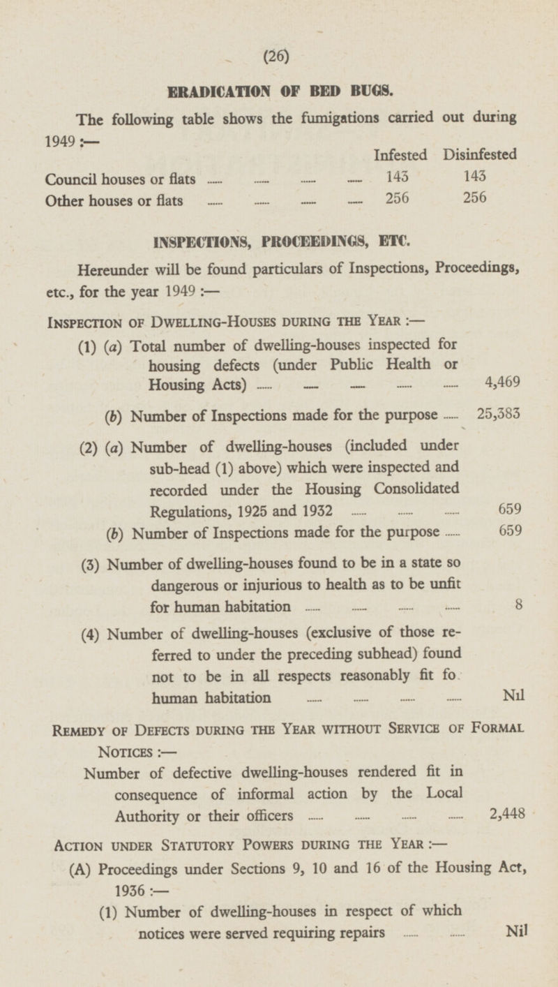 (26) ERADICATION OF BED BUGS. The following table shows the fumigations carried out during 1949 :— Infested Disinfested Council houses or flats - 143 143 Other houses or flats 256 256 INSPECTIONS, PROCEEDINGS, ETC. Hereunder will be found particulars of Inspections, Proceedings, etc., for the year 1949: — INSPECTION OF DWELLING-HOUSES DURING THE YEAR:- (1) (a) Total number of dwelling-houses inspected for housing defects (under Public Health or Housing Acts) 4,469 (b) Number of Inspections made for the purpose 25,383 (2) (a) Number of dwelling-houses (included under sub-head (1) above) which were inspected and recorded under the Housing Consolidated Regulations, 1925 and 1932 659 (b) Number of Inspections made for the purpose 659 (3) Number of dwelling-houses found to be in a state so dangerous or injurious to health as to be unfit for human habitation 8 (4) Number of dwelling-houses (exclusive of those referred to under the preceding subhead) found not to be in all respects reasonably fit fo human habitation Nil Remedy of Defects during the Year without Service of Formal Notices: — Number of defective dwelling-houses rendered fit in consequence of informal action by the Local Authority or their officers 2,448 ACTION UNDER STATUTORY POWERS DURING THE YEAR: — (A) Proceedings under Sections 9, 10 and 16 of the Housing Act, 1936: — (1) Number of dwelling-houses in respect of which notices were served requiring repairs Nil