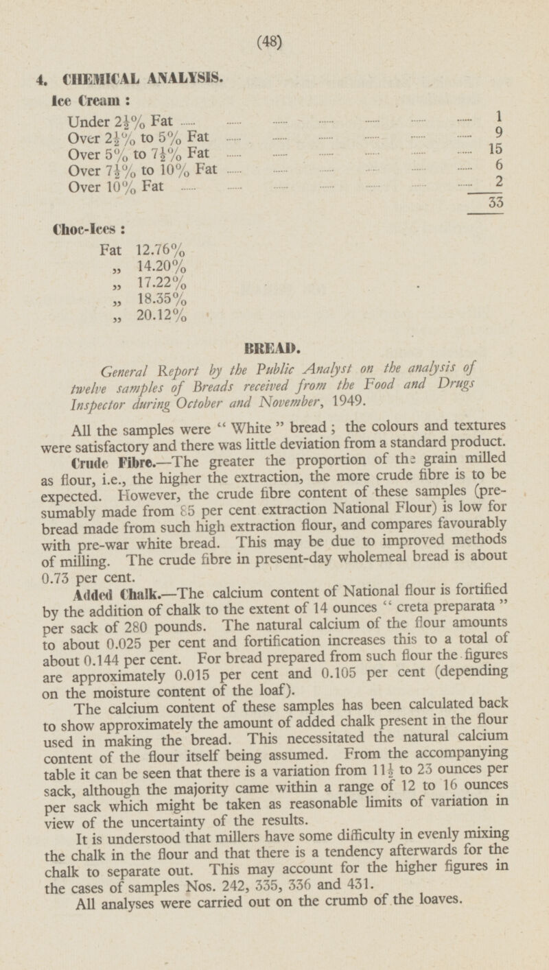 4. CHEMICAL ANALYSIS. Ice Cream : Under 2½% Fat 1 Over 2½% to 5% Fat 9 Over 5% to 7½% Fat 15 Over 7½% to 10% Fat 6 Over 10% Fat 2 33 Choc-Ices: Fat 12.76% „ 14.20% „ 17.22% „ 18.35% „ 20.12% BREAD. General Report by the Public Analyst on the analysis of twelve samples of Breads received from the Food and Drugs Inspector during October and November, 1949. All the samples were  White  bread ; the colours and textures were satisfactory and there was little deviation from a standard product. Crude Fibre.—The greater the proportion of th: grain milled as flour, i.e., the higher the extraction, the more crude fibre is to be expected. However, the crude fibre content of these samples (presumably made from £5 per cent extraction National Flour) is low for bread made from such high extraction flour, and compares favourably with pre-war white bread. This may be due to improved methods of milling. The crude fibre in present-day wholemeal bread is about 0.73 per cent. Added Chalk.—The calcium content of National flour is fortified by the addition of chalk to the extent of 14 ounces “creta preparata” per sack of 280 pounds. The natural calcium of the flour amounts to about 0.025 per cent and fortification increases this to a total of about 0.144 per cent. For bread prepared from such flour the figures are approximately 0.015 per cent and 0.105 per cent (depending on the moisture content of the loaf). The calcium content of these samples has been calculated back to show approximately the amount of added chalk present in the flour used in making the bread. This necessitated the natural calcium content of the flour itself being assumed. From the accompanying table it can be seen that there is a variation from 11½ to 23 ounces per sack, although the majority came within a range of 12 to 16 ounces per sack which might be taken as reasonable limits of variation in view of the uncertainty of the results. It is understood that millers have some difficulty in evenly mixing the chalk in the flour and that there is a tendency afterwards for the chalk to separate out. This may account for the higher figures in the cases of samples Nos. 242, 335, 336 and 431. All analyses were carried out on the crumb of the loaves.