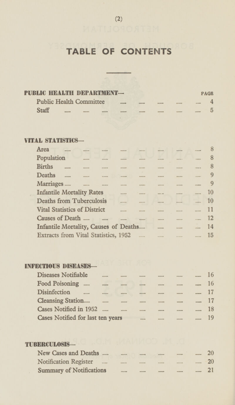 TABLE OF CONTENTS PUBLIC HEALTH DEPARTMENT— PAGE Public Health Committee 4 Staff 5 VITAL STATISTICS — Area 8 Population 8 Births 8 Deaths 9 Marriages 9 Infantile Mortality Rates 10 Deaths from Tuberculosis 10 Vital Statistics of District 11 Causes of Death 12 Infantile Mortality, Causes of Deaths 14 Extracts from Vital Statistics, 1952 15 INFECTIOUS DISEASES— Diseases Notifiable ...... ...... ...... ...... ...... ...... 16 Food Poisoning ...... ...... ...... ...... ...... ...... ...... 16 Disinfection ...... ...... ...... ...... ...... ...... ...... 17 Cleansing Station ...... ...... ...... ...... ...... ...... ...... 17 Cases Notified in 1952 ...... ...... ...... ...... ...... ...... 18 Cases Notified for last ten years ...... ...... ...... ...... 19 TUBERCULOSIS — New Cases and Deaths 20 Notification Register 20 Summary of Notifications 21