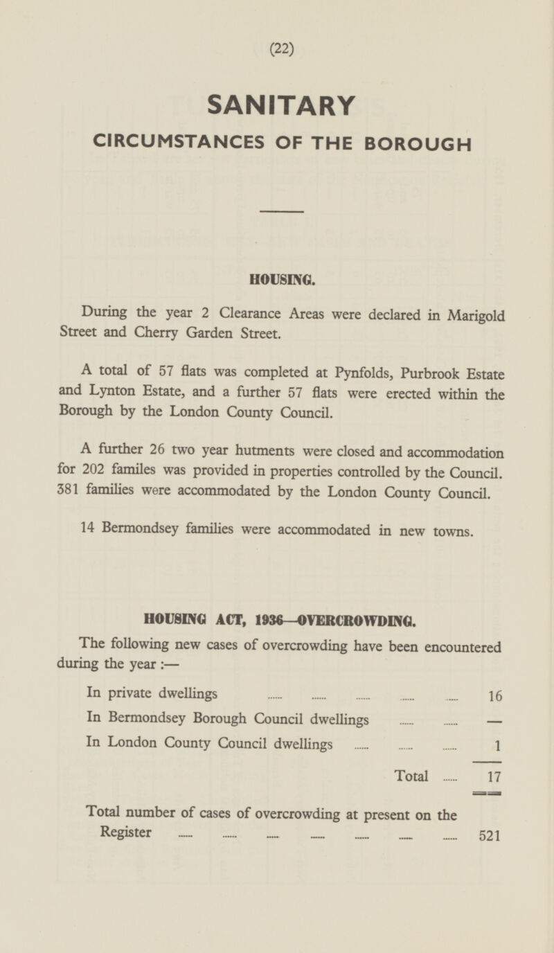 SANITARY CIRCUMSTANCES OF THE BOROUGH HOUSING. During the year 2 Clearance Areas were declared in Marigold Street and Cherry Garden Street. A total of 57 flats was completed at Pynfolds, Purbrook Estate and Lynton Estate, and a further 57 flats were erected within the Borough by the London County Council. A further 26 two year hutments were closed and accommodation for 202 familes was provided in properties controlled by the Council. 381 families were accommodated by the London County Council. 14 Bermondsey families were accommodated in new towns. HOUSING ACT, 1936—OVERCROWDING. The following new cases of overcrowding have been encountered during the year : — In private dwellings 16 In Bermondsey Borough Council dwellings - In London County Council dwellings 1 Total 17 Total number of cases of overcrowding at present on the Register 521