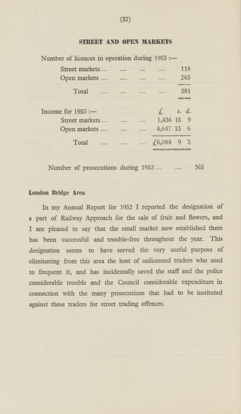 STREET AND OPEX MARKETS Number of licences in operation during 1953: — Street markets 118 Open markets 263 Total 381 Income for 1953 : — £. s. d. Street markets 1,436 15 9 Open markets 4,647 13 6 Total £6,084 9 3 Number of prosecutions during 1953 Nil London Bridge Area In my Annual Report for 1952 I reported the designation of a part of Railway Approach for the sale of fruit and flowers, and I am pleased to say that the small market now established there has been successful and trouble-free throughout the year. This designation seems to have served the very useful purpose of eliminating from this area the host of unlicensed traders who used to frequent it, and has incidentally saved the staff and the police considerable trouble and the Council considerable expenditure in connection with the many prosecutions that had to be instituted against these traders for street trading offences.