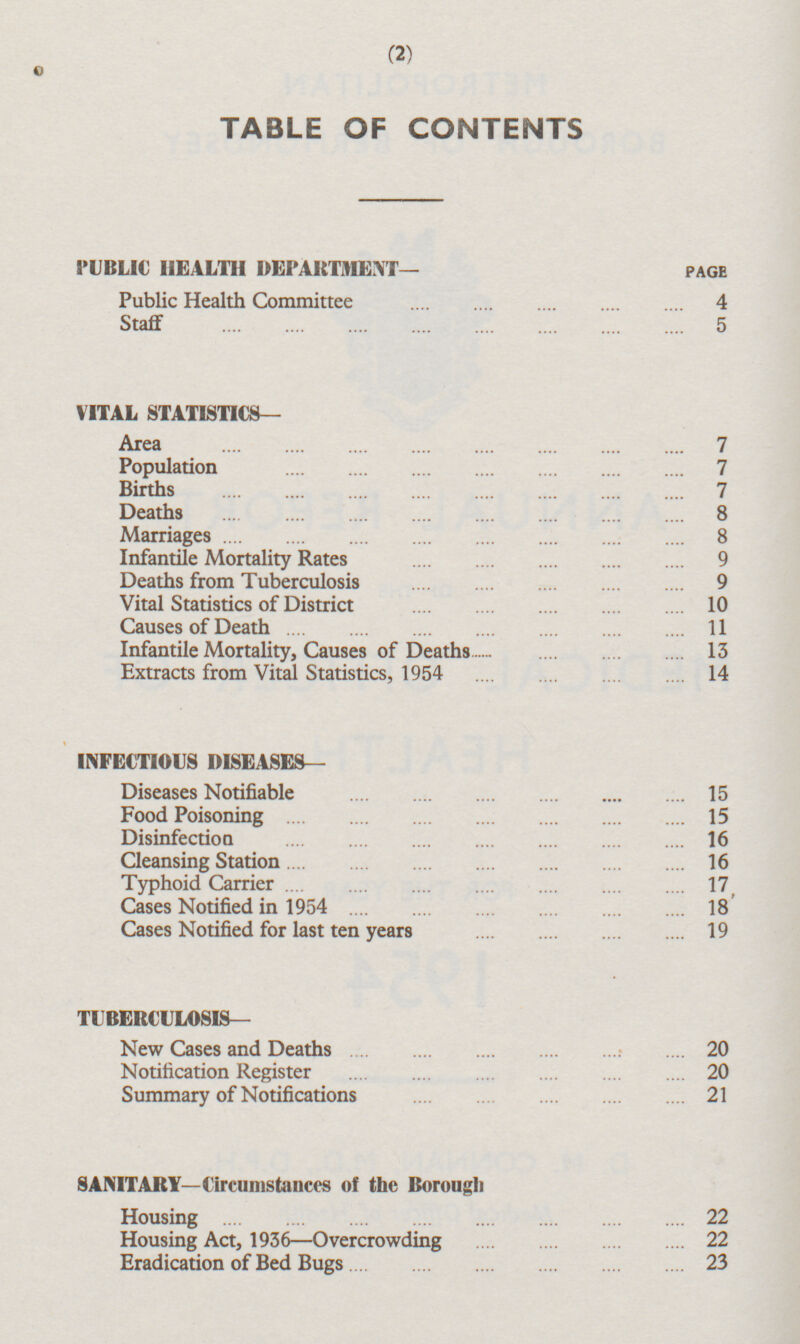 TABLE OF CONTENTS PUBLIC HEALTH DEPARTMENT— PAGE Public Health Committee 4 Staff 5 VITAL STATISTICS— Area 7 Population 7 Births 7 Deaths 8 Marriages 8 Infantile Mortality Rates 9 Deaths from Tuberculosis 9 Vital Statistics of District 10 Causes of Death 11 Infantile Mortality, Causes of Deaths 13 Extracts from Vital Statistics, 1954 14 INFECTIOUS DISEASES— Diseases Notifiable 15 Food Poisoning 15 Disinfection 16 Cleansing Station 16 Typhoid Carrier 17 Cases Notified in 1954 18 Cases Notified for last ten years 19 TUBERCULOSIS— New Cases and Deaths 20 Notification Register 20 Summary of Notifications 21 SANITARY—Circumstances of the Borough Housing 22 Housing Act, 1936—Overcrowding 22 Eradication of Bed Bugs 23