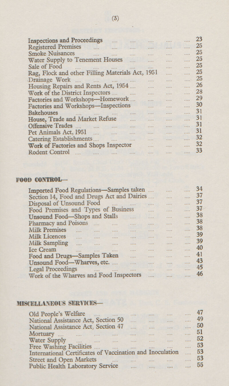 Inspections and Proceedings 23 Registered Premises 25 Smoke Nuisances 25 Water Supply to Tenement Houses 25 Sale of Food 25 Rag, Flock and other Filling Materials Act, 1951 25 Dramage Work 25 Housing Repairs and Rents Act, 1954 26 Work of the District Inspectors 28 Factories and Workshops —Homework 29 Factories and Workshops —Inspections 30 Bakehouses 31 House, Trade and Market Refuse 31 Offensive Trades 31 Pet Animals Act, 1951 31 Catering Establishments 32 Work of Factories and Shops Inspector 32 Rodent Control 33 FOOD CONTROL— Imported Food Regulations—Samples taken 34 Section 14, Food and Drugs Act and Dairies 37 Disposal of Unsound Food 37 Food Premises and Types of Business 37 Unsound Food —Shops and Stalls 38 Pharmacy and Poisons 38 Milk Premises 38 Milk Licences 39 Milk Sampling 39 Ice Cream 40 Food and Drugs—Samples Taken 41 Unsound Food —Wharves, etc 43 Legal Proceedings 45 Work of the Wharves and Food Inspectors 46 MISCELLANEOUS SERVICES— Old People's Welfare 47 National Assistance Act, Section 50 49 National Assistance Act, Section 47 50 Mortuary 51 Water Supply 52 Free Washing Facilities 53 International Certificates of Vaccination and Inoculation 53 Street and Open Markets 53 Public Health Laboratory Service 55