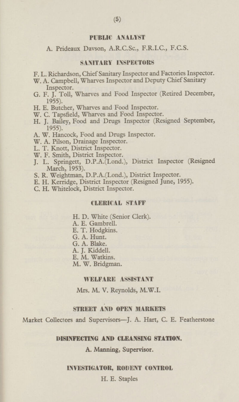 PUBLIC ANALYST A. Prideaux Davson, A.R.C.Sc., F.R.I C., F.C.S. SANITARY INSPECTORS F. L. Richardson, Chief Sanitary Inspector and Factories Inspector. W. A. Campbell, Wharves Inspector and Deputy Chief Sanitary Inspector. G. F. J. Toll, Wharves and Food Inspector (Retired December, 1955). H. E. Butcher, Wharves and Food Inspector. W. C. Tapsfield, Wharves and Food Inspector. H. J. Bailey, Food and Drugs Inspector (Resigned September, 1955). A. W. Hancock, Food and Drugs Inspector. W. A. Pilson, Drainage Inspector. L. T. Knott, District Inspector. W. F. Smith, District Inspector. J. L. Springett, D.P.A.(Lond.), District Inspector (Resigned March, 1953). S. R. Weightman, D.P.A.(Lond.), District Inspector. E. H. Kerridge, District Inspector (Resigned June, 1955). C. H. Whitelock, District Inspector. CLERICAL STAFF H. D. White (Senior Clerk). A. E. Gambrell. E. T. Hodgkins. G. A. Hunt. G. A. Blake. A. J. Kiddell. E. M. Watkins. M. W. Bridgman. WELFARE ASSISTANT Mrs. M. V. Reynolds, M.W.I. STREET AND OPEN MARKETS Market Collectors and Supervisors—J. A. Hart, C. E. Featherstone DISINFECTING AND CLEANSLNG STATION. A. Manning, Supervisor. INVESTIGATOR, RODENT CONTROL H. E. Staples