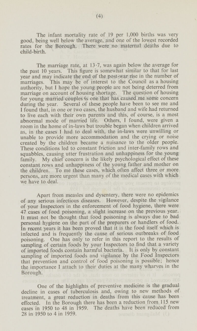 The infant mortality rate of 19 per 1,000 births was very good, being well below the average, and one of the lowest recorded rates for the Borough. There were no maternal deaths due to child-birth. The marriage rate, at 13.7, was again below the average for the past 10 years. This figure is somewhat similar to that for last year and may indicate the end of the post-war rise in the number of marriages. This may be of interest to the Council as a housing authority, but I hope the young people are not being deterred from marriage on account of housing shortage. The question of housing for young married couples is one that has caused me some concern during the year. Several of these people have been to see me and I found that, in one or two cases, the husband and wife had returned to live each with their own parents and this, of course, is a most abnormal mode of married life. Others, I found, were given a room in the home of in-laws but trouble began when children arrived as, in the cases I had to deal with, the in-laws were unwilling or unable to provide more accommodation and the crying or noise created by the children became a nuisance to the older people. These conditions led to constant friction and inter-family rows and squabbles, causing utter frustration and unhappiness for the young family. My chief concern is the likely psychological effect of these constant rows and unhappiness of the young father and mother on the children. To me these cases, which often affect three or more persons, are more urgent than many of the medical cases with which we have to deal. Apart from measles and dysentery, there were no epidemics of any serious infectious diseases. However, despite the vigilance of your Inspectors in the enforcement of food hygiene, there were 47 cases of food poisoning, a slight increase on the previous year. It must not be thought that food poisoning is always due to bad personal hygiene on the part of the preparers or handlers of food. In recent years it has been proved that it is the food itself which is infected and is frequently the cause of serious outbreaks of food poisoning. One has only to refer in this report to the results of sampling of certain foods by your Inspectors to find that a variety of imported foods contain harmful bacteria. It is only by constant sampling of imported foods and vigilance by the Food Inspectors that prevention and control of food poisoning is possible; hence the importance I attach to their duties at the many wharves in the Borough. One of the highlights of preventive medicine is the gradual decline in cases of tuberculosis and, owing to new methods of treatment, a great reduction in deaths from this cause has been effected. In the Borough there has been a reduction from 115 new cases in 1950 to 48 in 1959. The deaths have been reduced from 28 in 1950 to 4 in 1959.