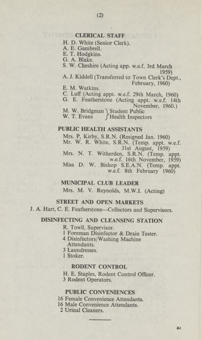 CLERICAL STAFF H. D. White (Senior Clerk). A. E. Gambrell. E. T. Hodgkins. G. A. Blake. S. W. Cheshire (Acting app. w.e.f. 3rd March 1959) A. J. Kiddell (Transferred to Town Clerk's Dept., February, 1960) E. M. Watkins. C. Luff (Acting appt. w.e.f. 29th March, 1960) G. E. Featherstone (Acting appt. w.e.f. 14th November, 1960.) M. W. Bridgman W. T. Evans Student Public Health Inspectors PUBLIC HEALTH ASSISTANTS Mrs. P, Kirby, S.R.N. (Resigned Jan. 1960) Mr. W. R. White, S.R.N. (Temp. appt. w.e.f. 31st August, 1959) Mrs. N. T. Witherden, S.R.N. (Temp. appt. w.e.f. 16th November, 1959) Miss D. W. Bishop S.E.A.N. (Temp. appt. w.e.f. 8th February 1960) MUNICIPAL CLUB LEADER Mrs. M. V. Reynolds, M.W.I. (Acting) STREET AND OPEN MARKETS J. A. Hart, C. E. Featherstone—Collectors and Supervisors. DISINFECTING AND CLEANSING STATION R. Towll, Supervisor. 1 Foreman Disinfector & Drain Tester. 4 Disinfectors/Washing Machine Attendants. 3 Laundresses. 1 Stoker. RODENT CONTROL H. E. Staples, Rodent Control Officer. 3 Rodent Operators. PUBLIC CONVENIENCES 16 Female Convenience Attendants. 16 Male Convenience Attendants. 2 Urinal Cleaners. A (2)