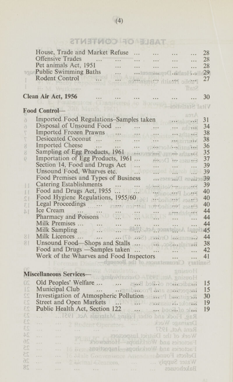 House, Trade and Market Refuse 28 Offensive Trades 28 Pet animals Act, 1951 28 29 Rodent Control 27 Clean Air Act, 1956 30 Food Control — Imported Food Regulations-Samples taken 31 Disposal of Unsound Food 34 Imported Frozen Prawns 38 Desiccated Coconut 38 Imported Cheese 36 Sampling of Egg Products, 1961 35 Importation of Egg Products, 1961 37 Section 14, Food and Drugs Act 39 Unsound Food, Wharves etc. 39 Food Premises and Types of Business 39 Catering Establishments 39 Food and Drugs Act, 1955 40 Food Hygiene Regulations, 1955/60 40 Legal Proceedings 40 Ice Cream 44 Pharmacy and Poisons 44 Milk Premises 44 Milk Sampling 45 Milk Licences 44 Unsound Food—Shops and Stalls 38 Food and Drugs —Samples taken 42 Work of the Wharves and Food Inspectors 41 Miscellaneous Services— Old Peoples' Welfare 15 Municipal Club 15 Investigation of Atmospheric Pollution 30 Street and Open Markets 19 Public Health Act, Section 122 19