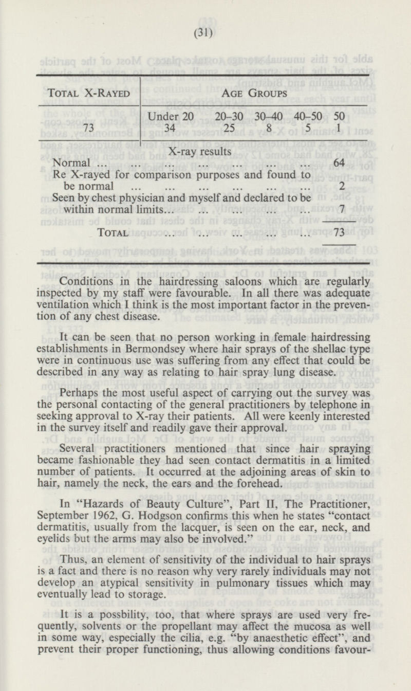 (31) Total X-Rayed Age Groups 73 Under 20 20-30 30-40 40-50 50 34 25 8 5 1 X-ray results Normal 64 Re X-rayed for comparison purposes and found to be normal 2 Seen by chest physician and myself and declared to be within normal limits 7 Total 73 Conditions in the hairdressing saloons which are regularly inspected by my staff were favourable. In all there was adequate ventilation which I think is the most important factor in the prevention of any chest disease. It can be seen that no person working in female hairdressing establishments in Bermondsey where hair sprays of the shellac type were in continuous use was suffering from any effect that could be described in any way as relating to hair spray lung disease. Perhaps the most useful aspect of carrying out the survey was the personal contacting of the general practitioners by telephone in seeking approval to X-ray their patients. All were keenly interested in the survey itself and readily gave their approval. Several practitioners mentioned that since hair spraying became fashionable they had seen contact dermatitis in a limited number of patients. It occurred at the adjoining areas of skin to hair, namely the neck, the ears and the forehead. In Hazards of Beauty Culture, Part II, The Practitioner, September 1962, G. Hodgson confirms this when he states contact dermatitis, usually from the lacquer, is seen on the ear, neck, and eyelids but the arms may also be involved. Thus, an element of sensitivity of the individual to hair sprays is a fact and there is no reason why very rarely individuals may not develop an atypical sensitivity in pulmonary tissues which may eventually lead to storage. It is a possbility, too, that where sprays are used very fre quently, solvents or the propellant may affect the mucosa as well in some way, especially the cilia, e.g. by anaesthetic effect, and prevent their proper functioning, thus allowing conditions favour-
