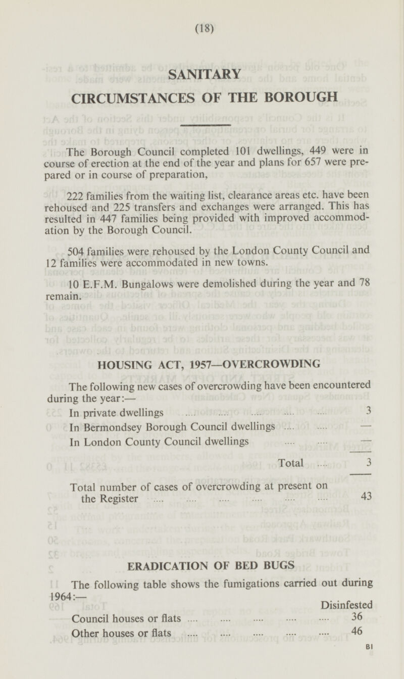 (18) SANITARY CIRCUMSTANCES OF THE BOROUGH The Borough Council completed 101 dwellings, 449 were in course of erection at the end of the year and plans for 657 were prepared or in course of preparation, 222 families from the waiting list, clearance areas etc. have been rehoused and 225 transfers and exchanges were arranged. This has resulted in 447 families being provided with improved accommodation by the Borough Council. 504 families were rehoused by the London County Council and 12 families were accommodated in new towns. 10 E.F.M. Bungalows were demolished during the year and 78 remain. HOUSING ACT, 1957—OVERCROWDING The following new cases of overcrowding have been encountered during the year:— In private dwellings 3 In Bermondsey Borough Council dwellings - In London County Council dwellings - Total 3 Total number of cases of overcrowding at present on the Register 43 ERADICATION OF BED BUGS The following table shows the fumigations carried out during 1964:— Disinfested Council houses or flats 36 Other houses or flats 46 B1