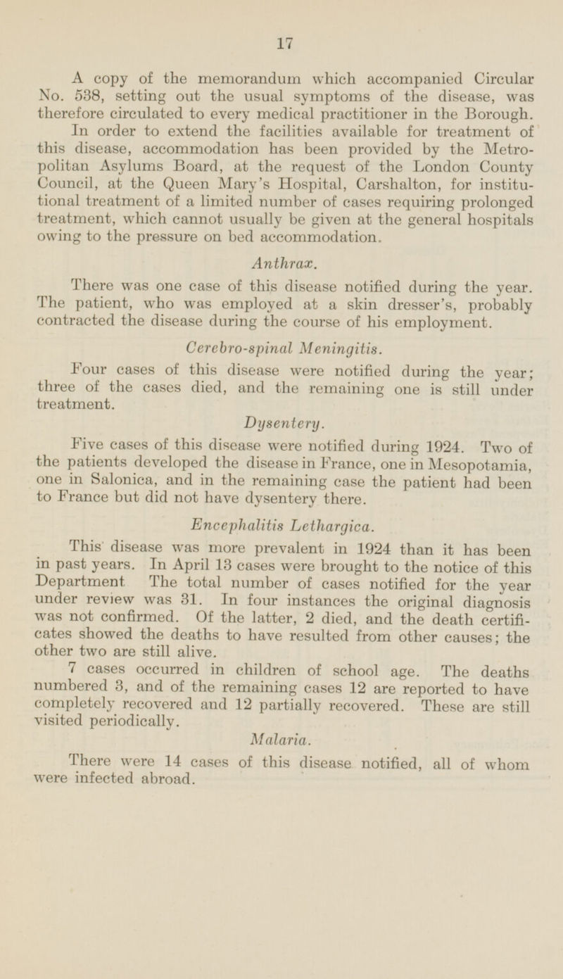 A copy of the memorandum which accompanied Circular No. 538, setting out the usual symptoms of the disease, was therefore circulated to every medical practitioner in the Borough. In order to extend the facilities available for treatment of this disease, accommodation has been provided by the Metropolitan Asylums Board, at the request of the London County Council, at the Queen Mary's Hospital, Carshalton, for institutional treatment of a limited number of cases requiring prolonged treatment, which cannot usually be given at the general hospitals owing to the pressure on bed accommodation. Anthrax. There was one case of this disease notified during the year. The patient, who was employed at a skin dresser's, probably contracted the disease during the course of his employment. Cerebro-spinal Meningitis. Four cases of this disease were notified during the year; three of the cases died, and the remaining one is still under treatment. Dysentery. Five cases of this disease were notified during 1924. Two of the patients developed the disease in France, one in Mesopotamia, one in Salonica, and in the remaining case the patient had been to France but did not have dysentery there. Encephalitis Lethargica. This disease was more prevalent in 1924 than it has been in past years. In April 13 cases were brought to the notice of this Department The total number of cases notified for the year under review was 31. In four instances the original diagnosis was not confirmed. Of the latter, 2 died, and the death certificates showed the deaths to have resulted from other causes; the other two are still alive. 7 cases occurred in children of school age. The deaths numbered 3, and of the remaining cases 12 are reported to have completely recovered and 12 partially recovered. These are still visited periodically. Malaria. There were 14 cases of this disease notified, all of whom were infected abroad.