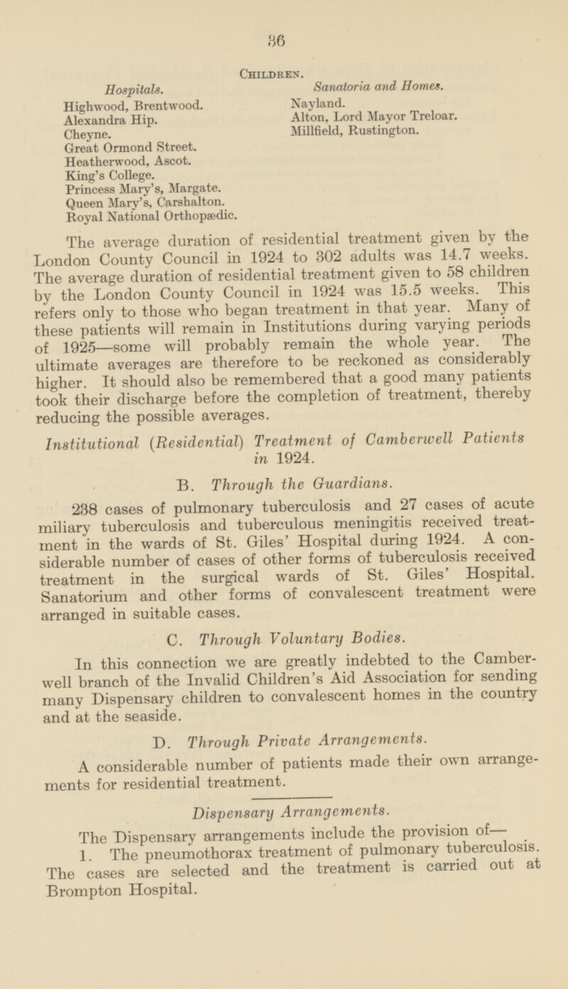 Children. Hospitals. Sanatoria and Homes. Highwood, Brentwood. Nayland. Alton, Lord Mayor Treloar. Alexandra Hip. Millfield, Rustington. Cheyne. Great Ormond Street. Heatherwood, Ascot. King's College. Princess Mary's, Margate. Queen Mary's, Carshalton. Royal National Orthopædic. The average duration of residential treatment given by the London County Council in 1924 to 302 adults was 14.7 weeks. The average duration of residential treatment given to 58 children by the London County Council in 1924 was 15.5 weeks. This refers only to those who began treatment in that year. Many of these patients will remain in Institutions during varying periods of 1925 —some will probably remain the whole year. The ultimate averages are therefore to be reckoned as considerably higher. It should also be remembered that a good many patients took their discharge before the completion of treatment, thereby reducing the possible averages. Institutional (Residential) Treatment of Camberwell Patients in 1924. B. Through the Guardians. 238 cases of pulmonary tuberculosis and 27 cases of acute miliary tuberculosis and tuberculous meningitis received treatment in the wards of St. Giles' Hospital during 1924. A considerable number of cases of other forms of tuberculosis received treatment in the surgical wards of St. Giles' Hospital. Sanatorium and other forms of convalescent treatment were arranged in suitable cases. C. Through Voluntary Bodies In this connection we are greatly indebted to the Camberwell branch of the Invalid Children's Aid Association for sending many Dispensary children to convalescent homes in the country and at the seaside. D. Through Private Arrangements A considerable number of patients made their own arrangements for residential treatment. Dispensary Arrangements. The Dispensary arrangements include the provision of- 1. The pneumothorax treatment of pulmonary tuberculosis. The cases are selected and the treatment is carried out at Brompton Hospital.